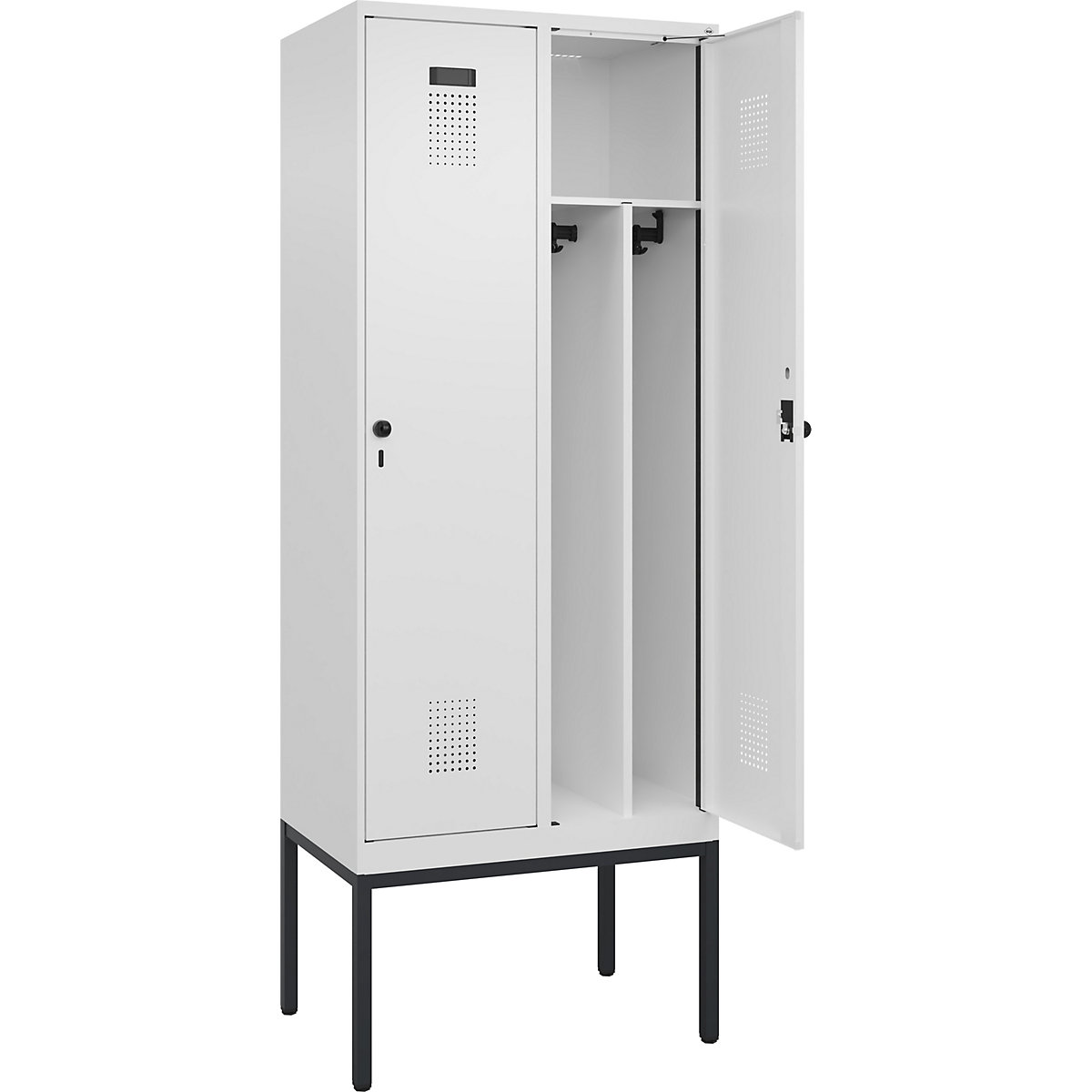 Cacifo com separação de roupa suja/limpa Evolo PLUS, estreito, 2 compartimentos, divisória encurtada, branco, L 800 mm, com pés estreitos, trinco de segurança rotativo-0