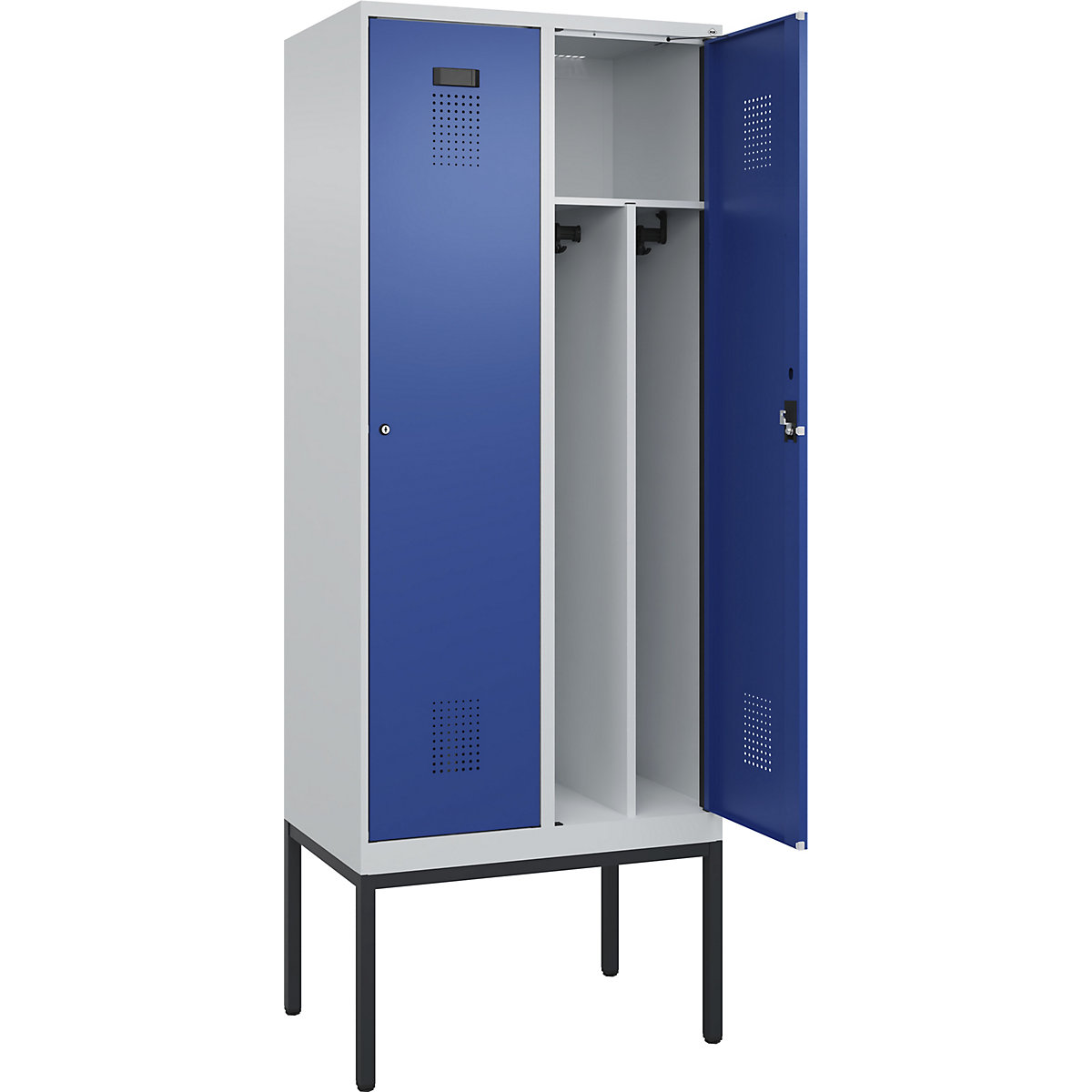 Cacifo com separação de roupa suja/limpa Evolo PLUS, estreito, 2 compartimentos, divisória encurtada, cinzento claro/azul genciana, L 800 mm, com pés estreitos, fechadura de cilindro-0