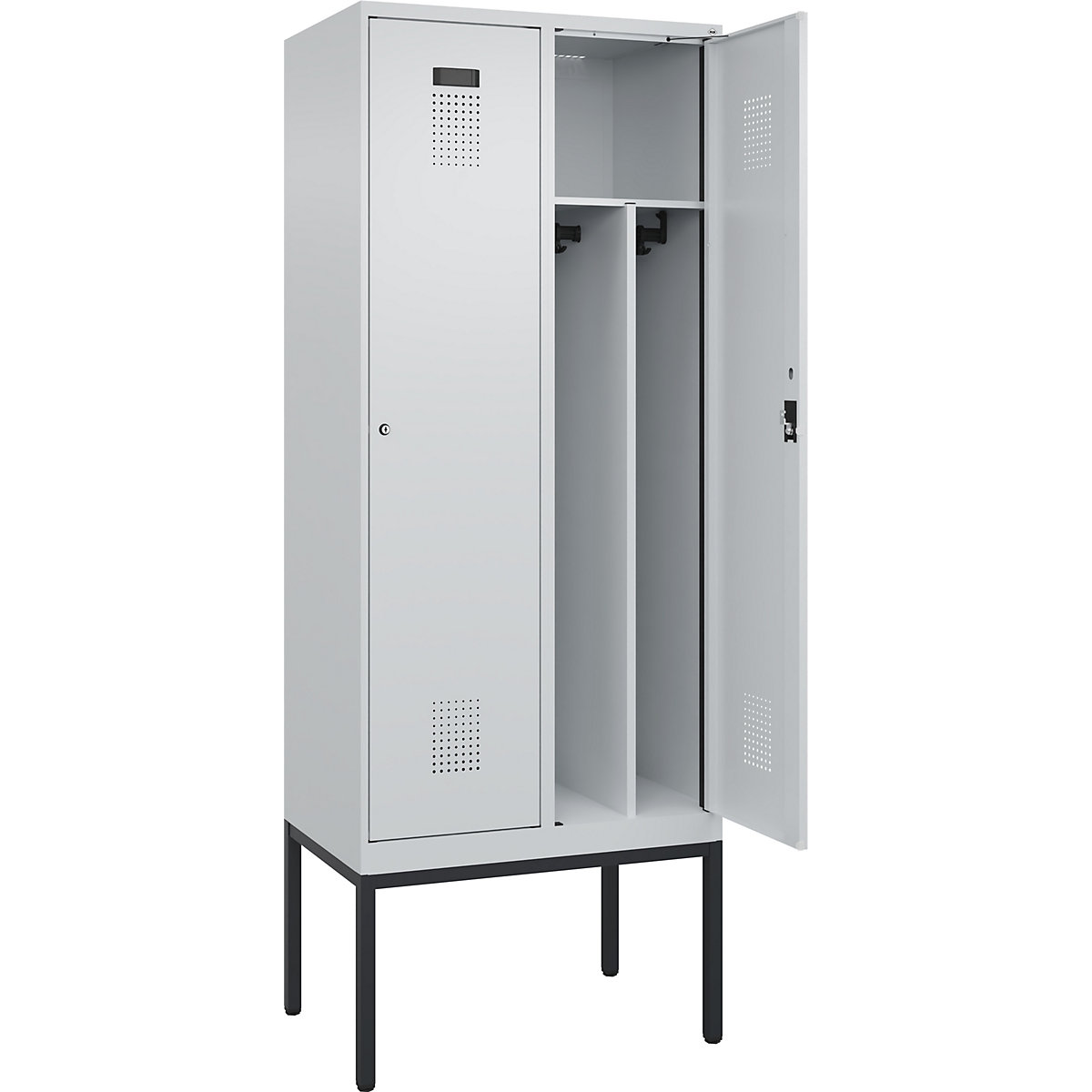 Cacifo com separação de roupa suja/limpa Evolo PLUS, estreito, 2 compartimentos, divisória encurtada, cinzento claro, L 800 mm, com pés estreitos, fechadura de cilindro-0