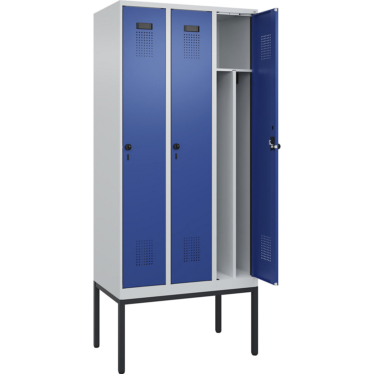 Cacifo com separação de roupa suja/limpa Evolo PLUS, estreito, 3 compartimentos, divisória encurtada, cinzento claro/azul genciana, L 900 mm, com pés estreitos, trinco de segurança rotativo-0