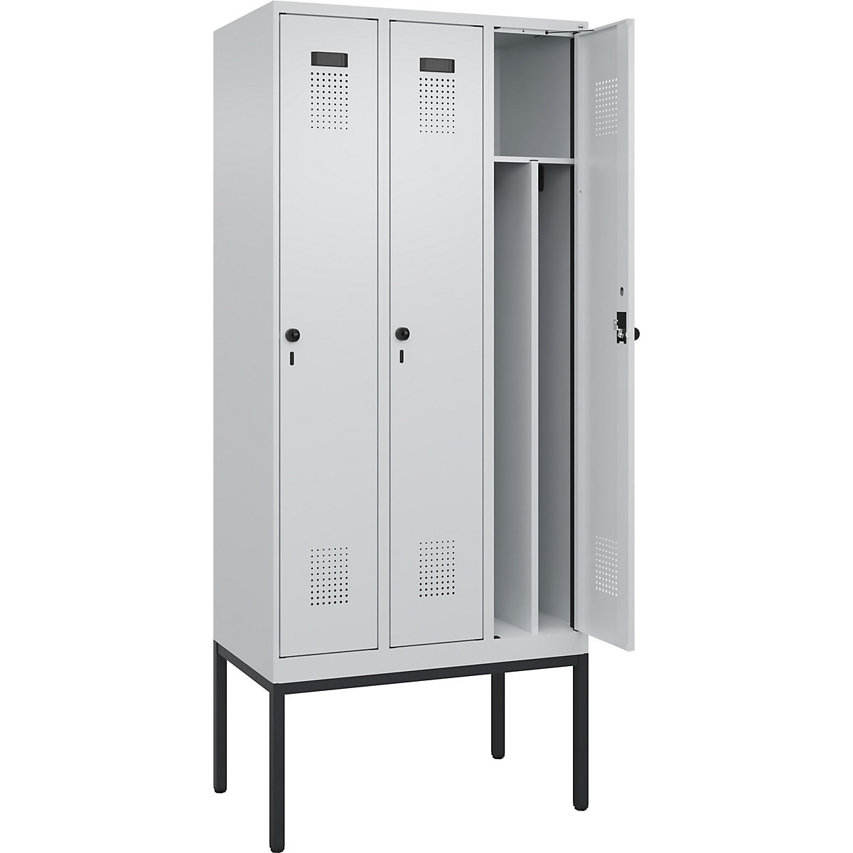 Cacifo com separação de roupa suja/limpa Evolo PLUS, estreito, 3 compartimentos, divisória encurtada, cinzento claro, L 900 mm, com pés estreitos, trinco de segurança rotativo-0