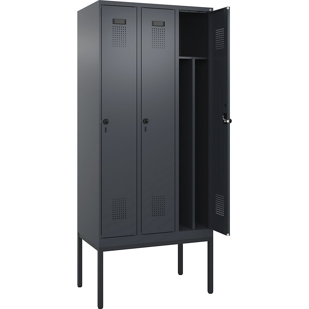 Cacifo com separação de roupa suja/limpa Evolo PLUS, estreito, 3 compartimentos, divisória encurtada, cinzento, L 900 mm, com pés estreitos, trinco de segurança rotativo-0