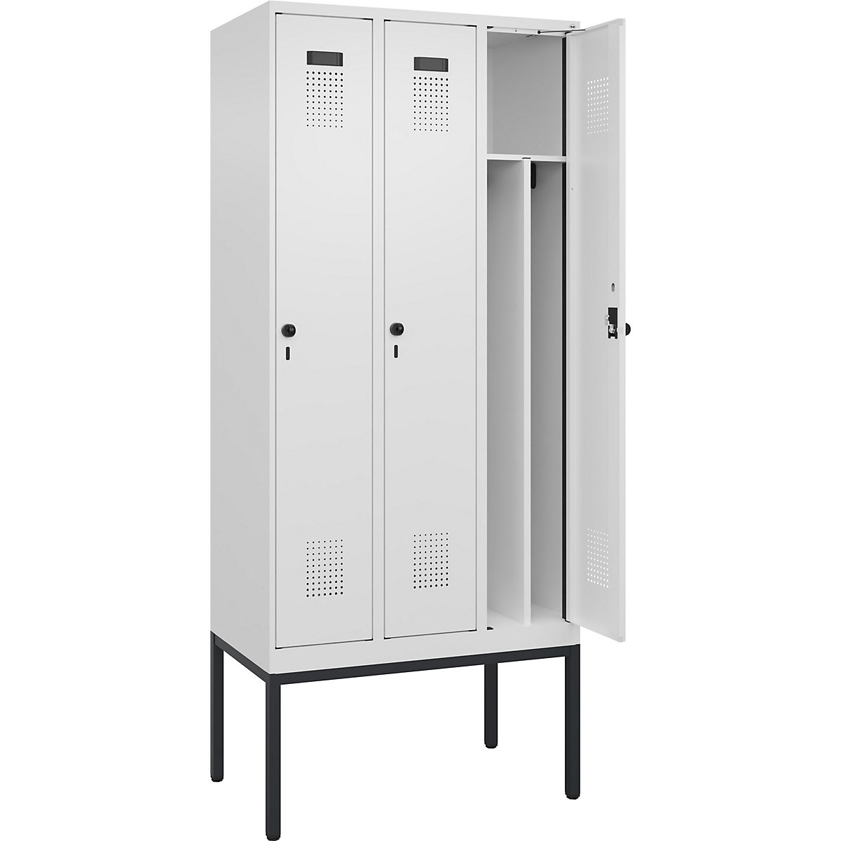 Cacifo com separação de roupa suja/limpa Evolo PLUS, estreito, 3 compartimentos, divisória encurtada, branco, L 900 mm, com pés estreitos, trinco de segurança rotativo-0