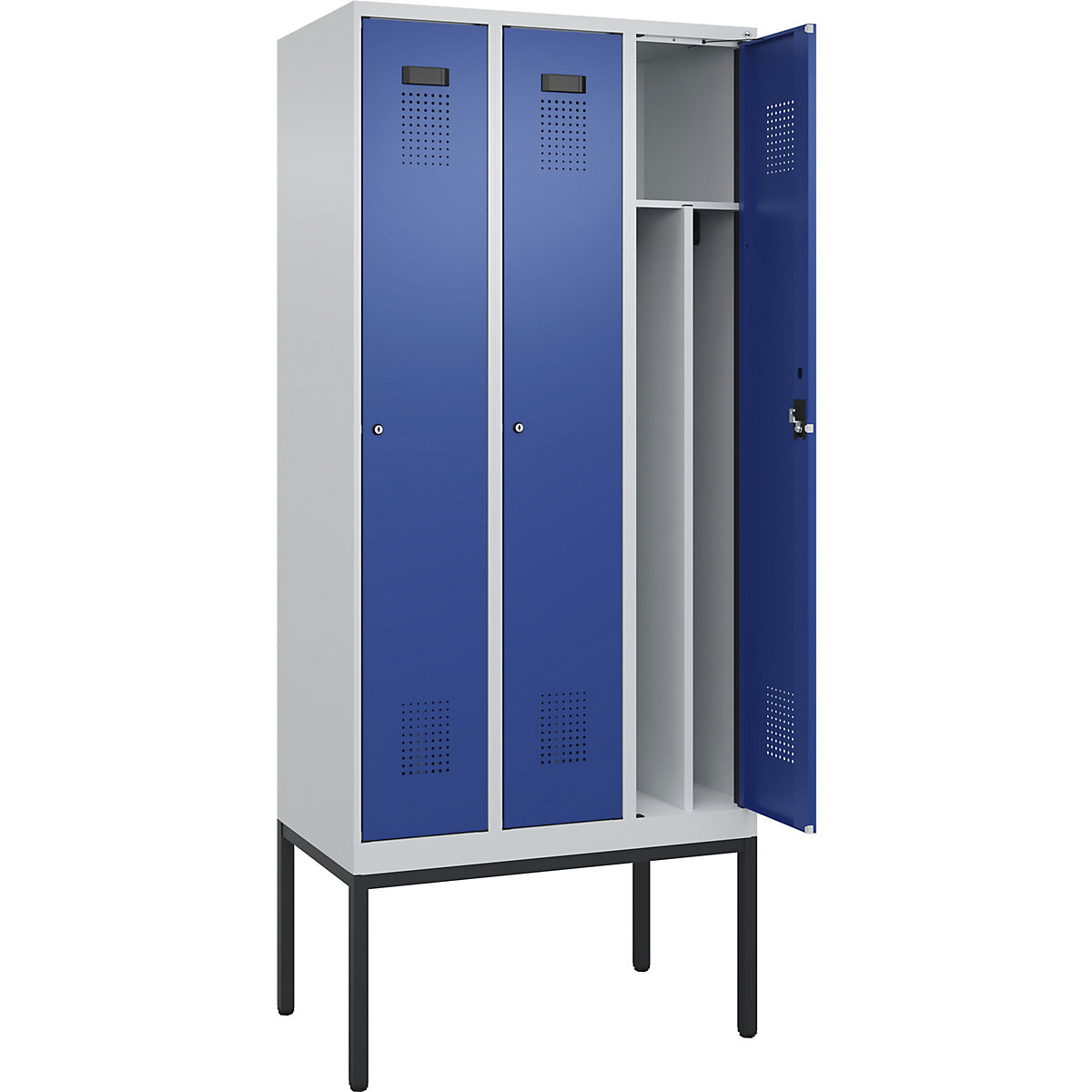 Cacifo com separação de roupa suja/limpa Evolo PLUS, estreito, 3 compartimentos, divisória encurtada, cinzento claro/azul genciana, L 900 mm, com pés estreitos, fechadura de cilindro-0