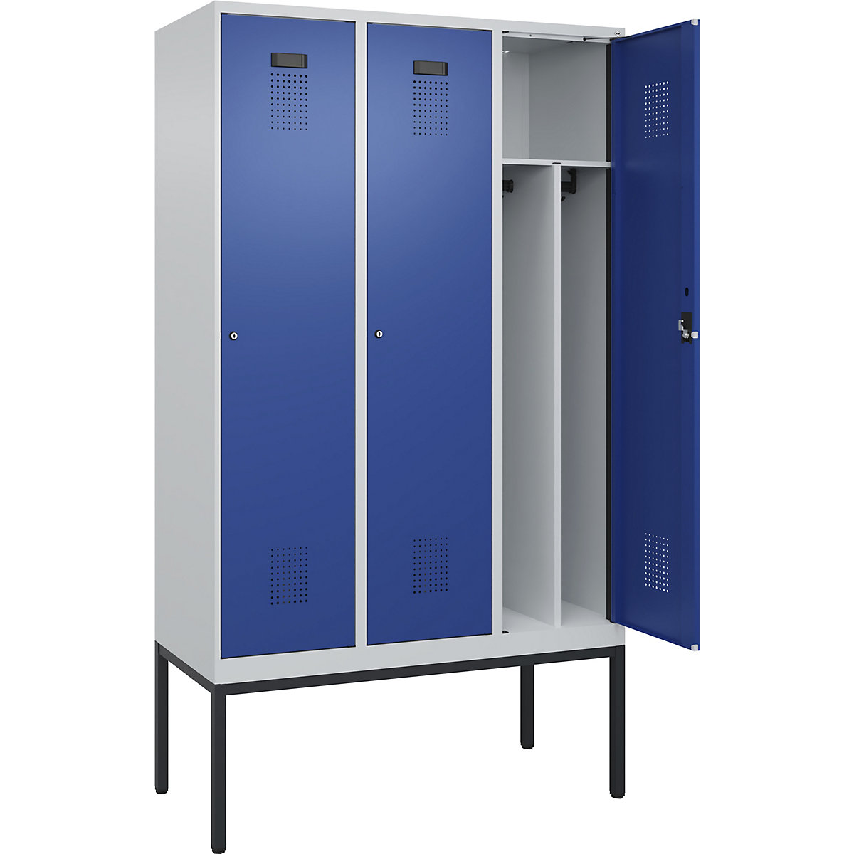 Cacifo com separação de roupa suja/limpa Evolo PLUS, estreito, 3 compartimentos, divisória encurtada, cinzento claro/azul genciana, L 1200 mm, com pés estreitos, fechadura de cilindro-0