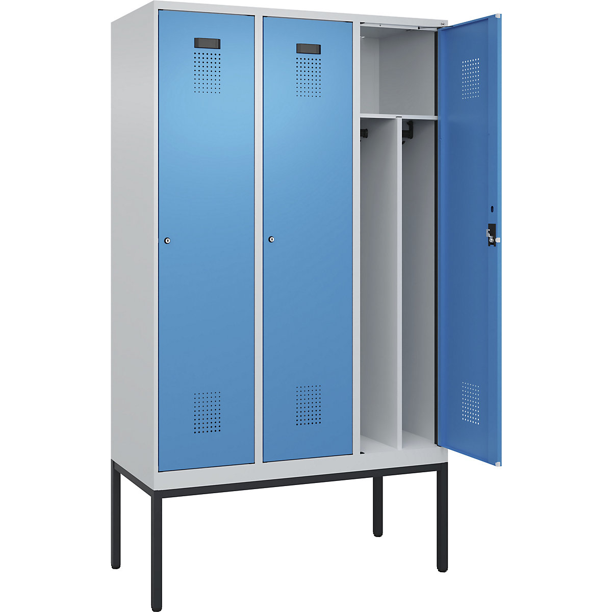 Cacifo com separação de roupa suja/limpa Evolo PLUS, estreito, 3 compartimentos, divisória encurtada, cinzento claro/azul claro, L 1200 mm, com pés estreitos, fechadura de cilindro-0