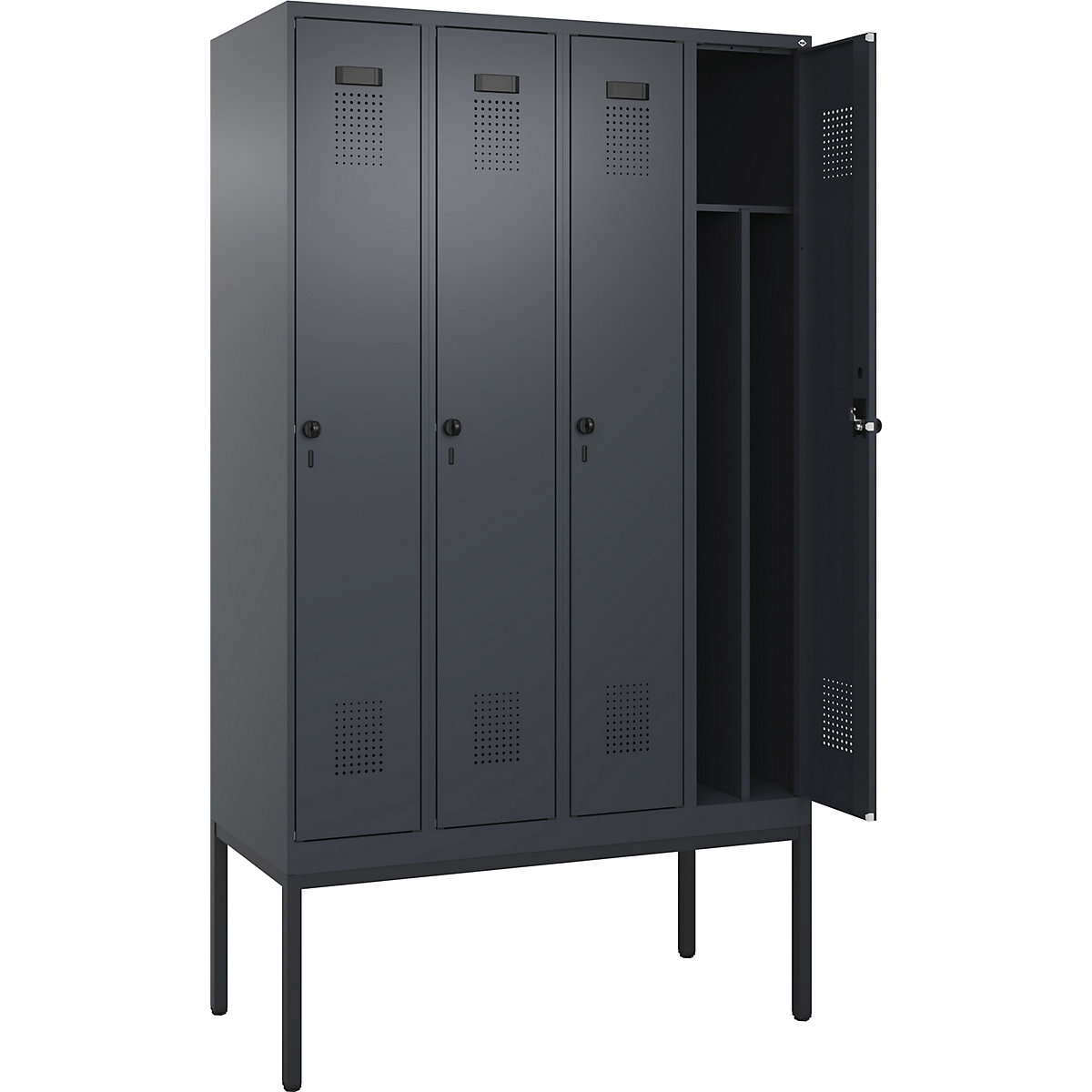 Cacifo com separação de roupa suja/limpa Evolo PLUS, estreito, 4 compartimentos, divisória encurtada, cinzento, L 1200 mm, com pés estreitos, trinco de segurança rotativo-0