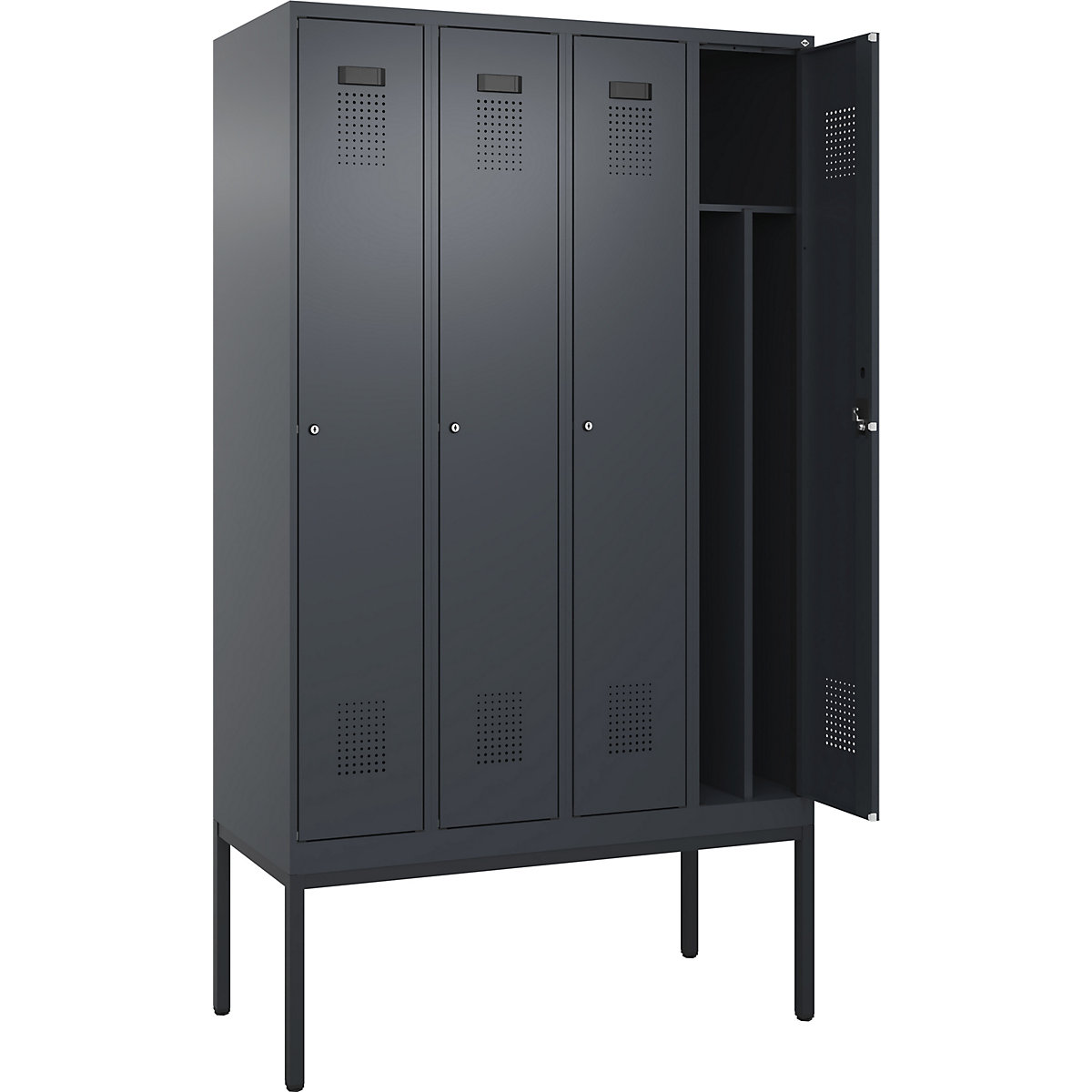 Cacifo com separação de roupa suja/limpa Evolo PLUS, estreito, 4 compartimentos, divisória encurtada, cinzento, L 1200 mm, com pés estreitos, fechadura de cilindro-0