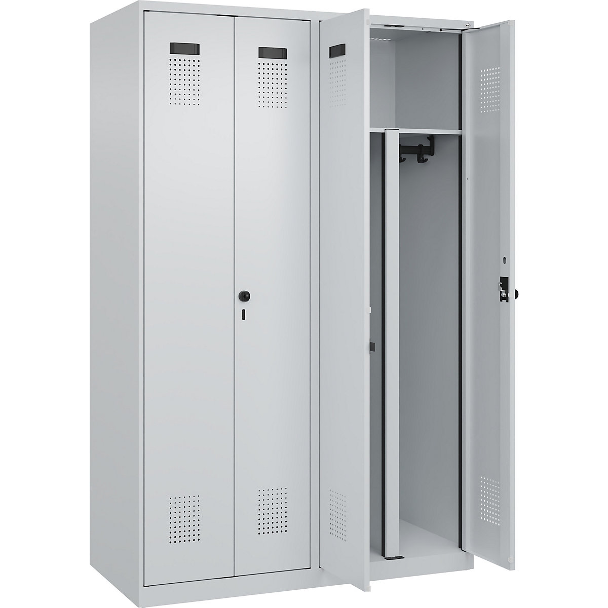 Cacifo com separação de roupa suja/limpa Evolo PLUS, 2 compartimentos, divisória encurtada, cinzento claro, L 1200 mm, com sapatas, trinco de segurança rotativo-0