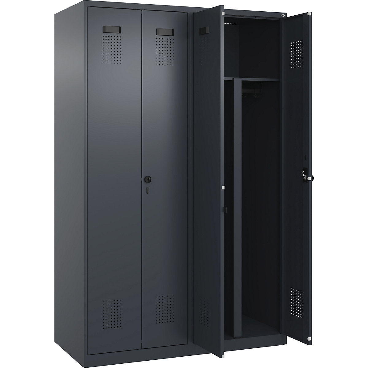 Cacifo com separação de roupa suja/limpa Evolo PLUS, 2 compartimentos, divisória encurtada, cinzento, L 1200 mm, com sapatas, trinco de segurança rotativo-0