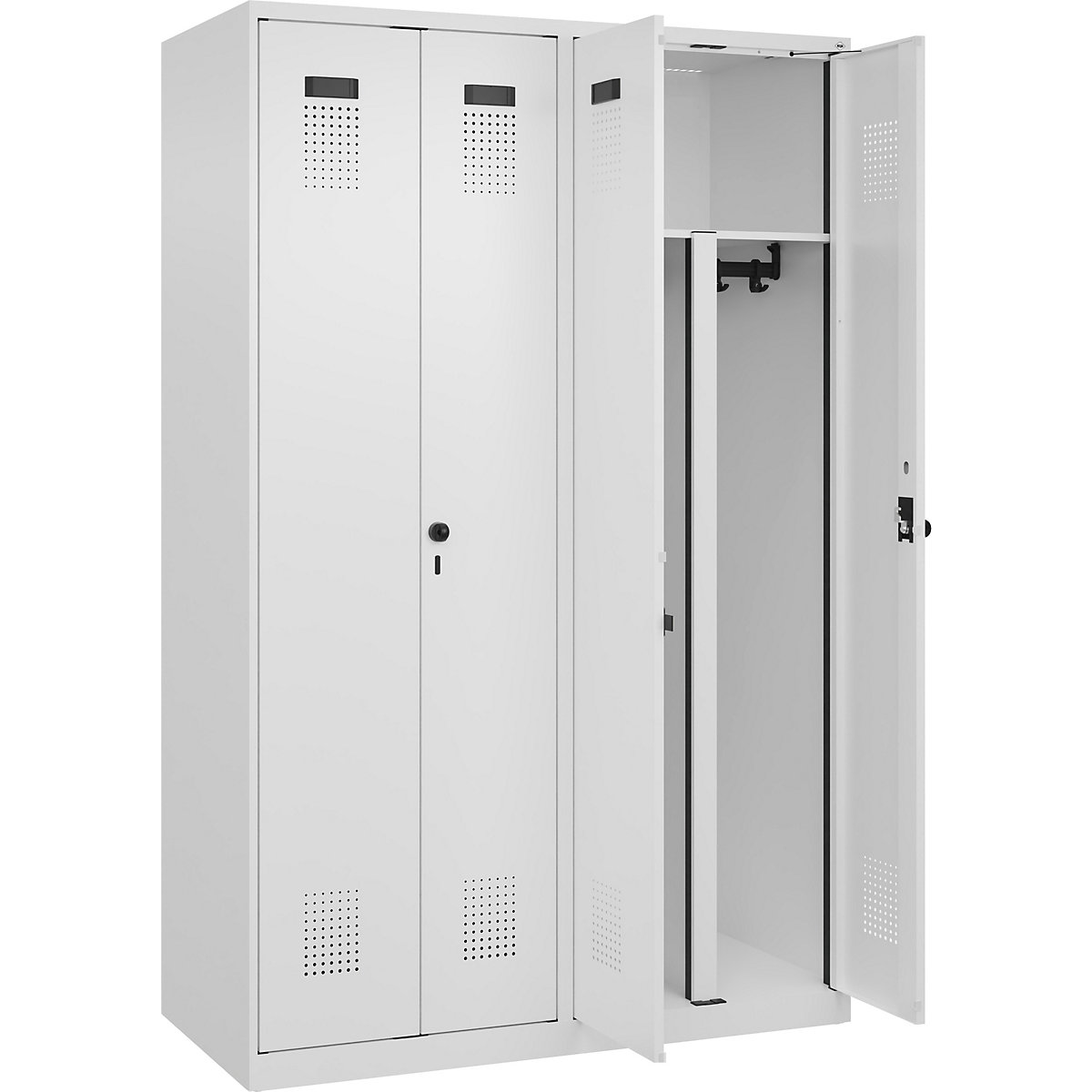 Cacifo com separação de roupa suja/limpa Evolo PLUS, 2 compartimentos, divisória encurtada, branco, L 1200 mm, com sapatas, trinco de segurança rotativo-0