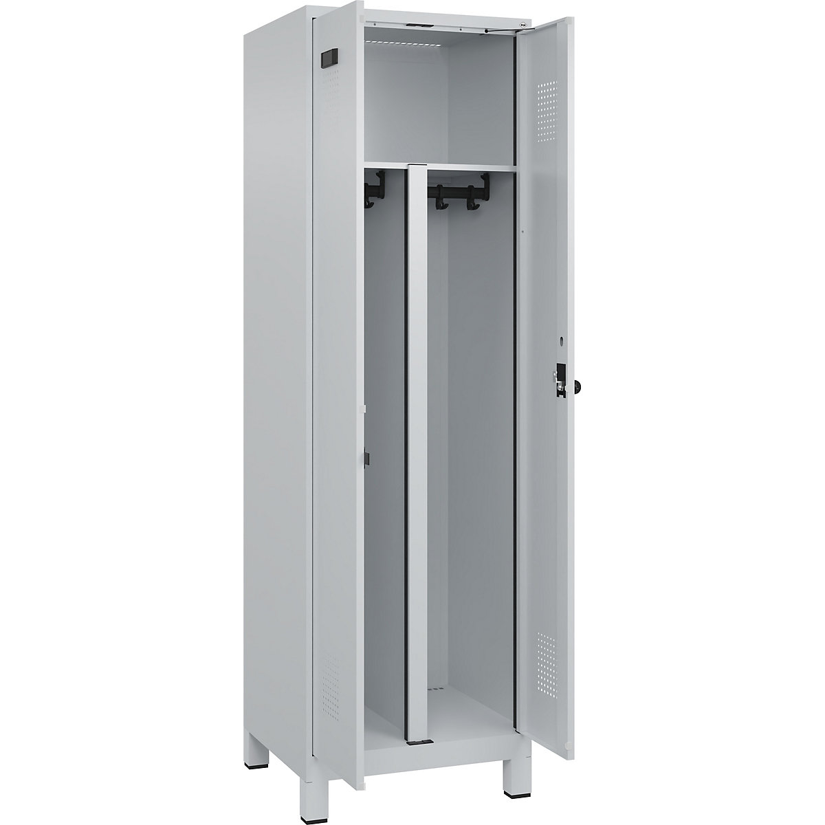 Cacifo com separação de roupa suja/limpa Evolo PLUS, 1 compartimento, divisória encurtada, cinzento claro, L 600 mm, com pés largos, trinco de segurança rotativo-0