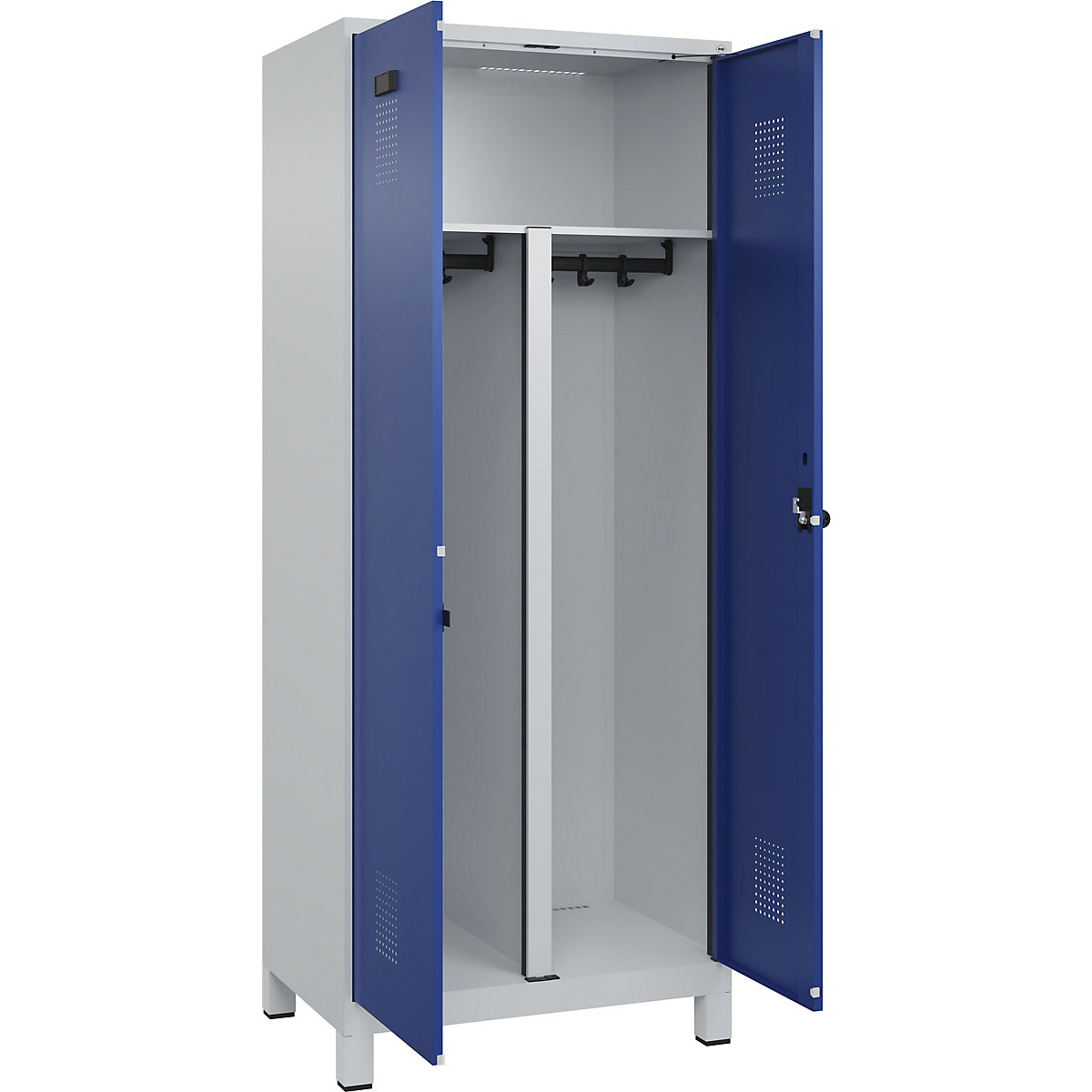 Cacifo com separação de roupa suja/limpa Evolo PLUS, 1 compartimento, divisória encurtada, cinzento claro/azul genciana, L 800 mm, com pés largos, trinco de segurança rotativo-0