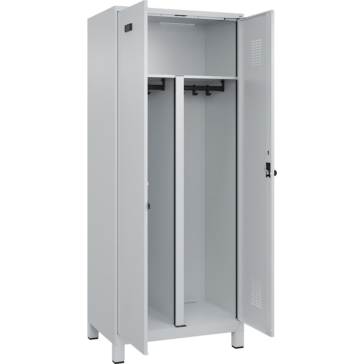 Cacifo com separação de roupa suja/limpa Evolo PLUS, 1 compartimento, divisória encurtada, cinzento claro, L 800 mm, com pés largos, trinco de segurança rotativo-0