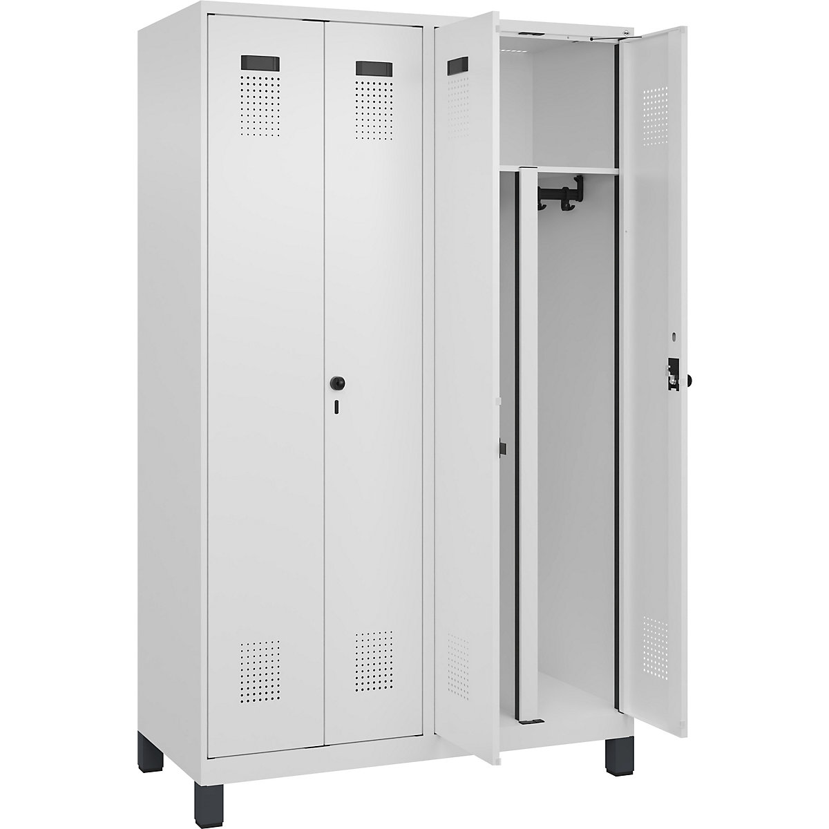 Cacifo com separação de roupa suja/limpa Evolo PLUS, 2 compartimentos, divisória encurtada, branco, L 1200 mm, com pés largos, trinco de segurança rotativo-0