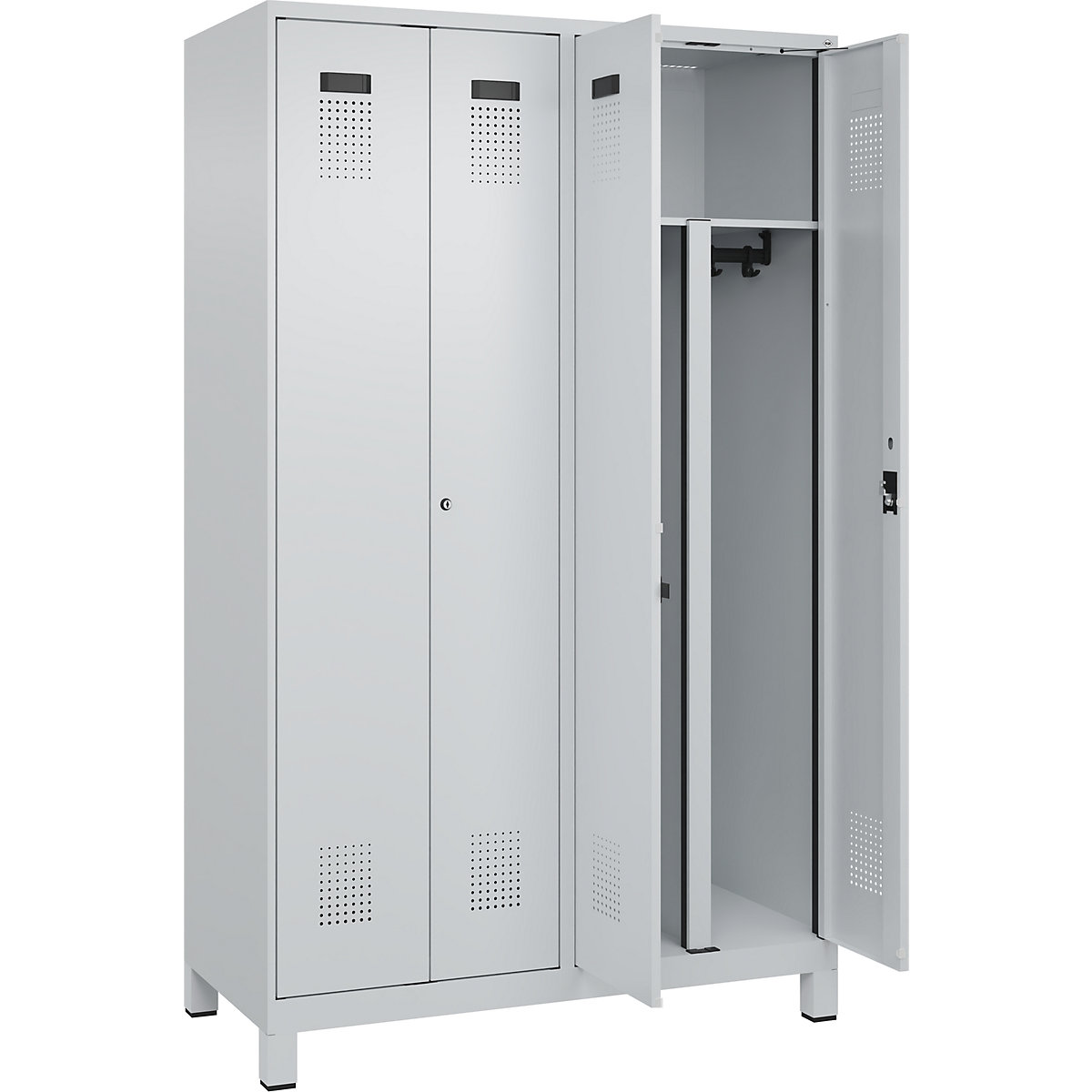 Cacifo com separação de roupa suja/limpa Evolo PLUS, 2 compartimentos, divisória encurtada, cinzento claro, L 1200 mm, com pés largos, fechadura de cilindro-0