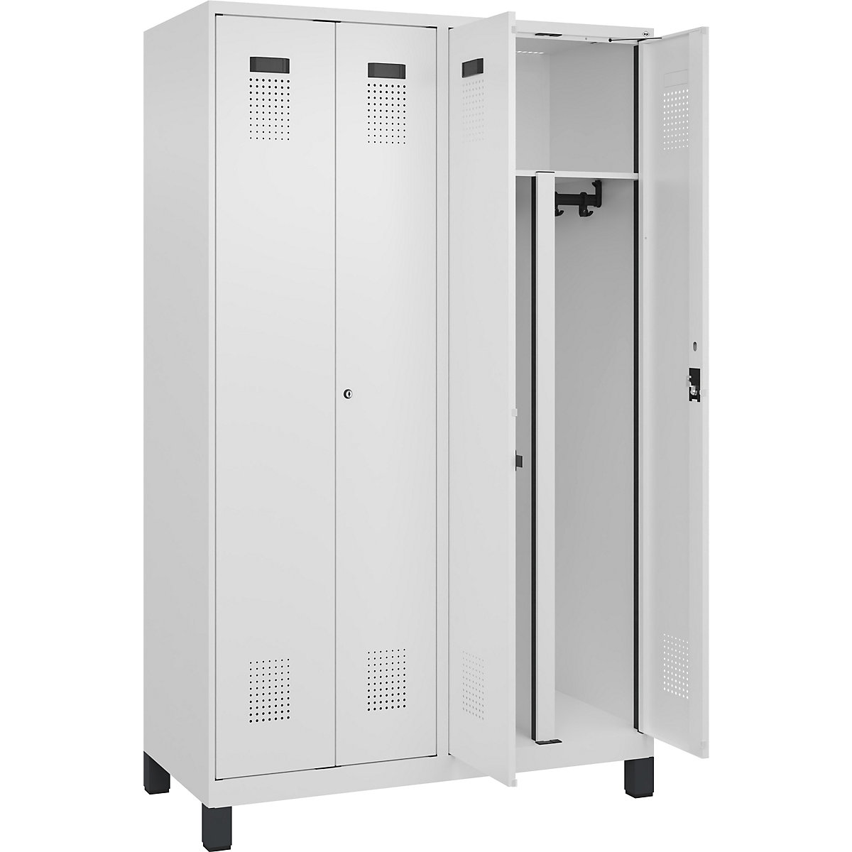 Cacifo com separação de roupa suja/limpa Evolo PLUS, 2 compartimentos, divisória encurtada, branco, L 1200 mm, com pés largos, fechadura de cilindro-0
