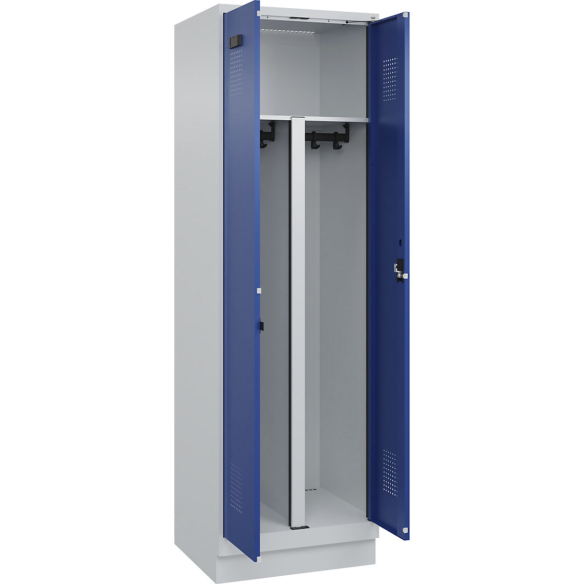 Cacifo com separação de roupa suja/limpa Evolo PLUS, 1 compartimento, divisória encurtada, cinzento claro/azul genciana, L 600 mm, com rodapé, fechadura de cilindro-0