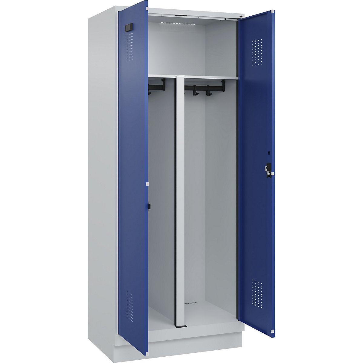 Cacifo com separação de roupa suja/limpa Evolo PLUS, 1 compartimento, divisória encurtada, cinzento claro/azul genciana, L 800 mm, com rodapé, fechadura de cilindro-0