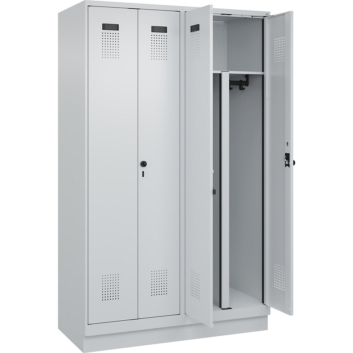 Cacifo com separação de roupa suja/limpa Evolo PLUS, 2 compartimentos, divisória encurtada, cinzento claro, L 1200 mm, com rodapé, trinco de segurança rotativo-0