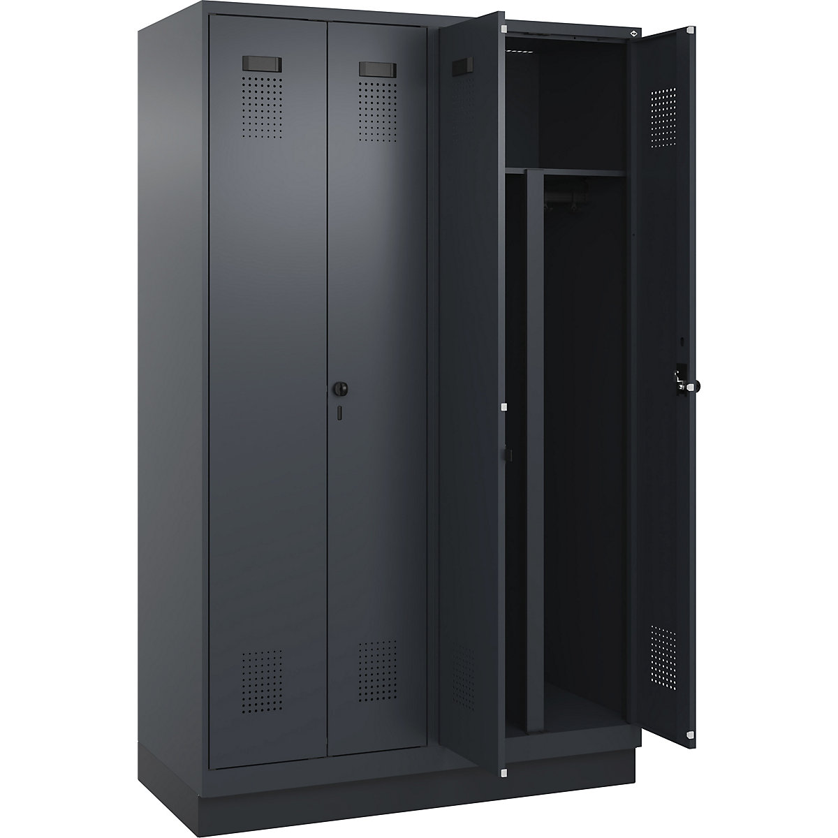 Cacifo com separação de roupa suja/limpa Evolo PLUS, 2 compartimentos, divisória encurtada, cinzento, L 1200 mm, com rodapé, trinco de segurança rotativo-0