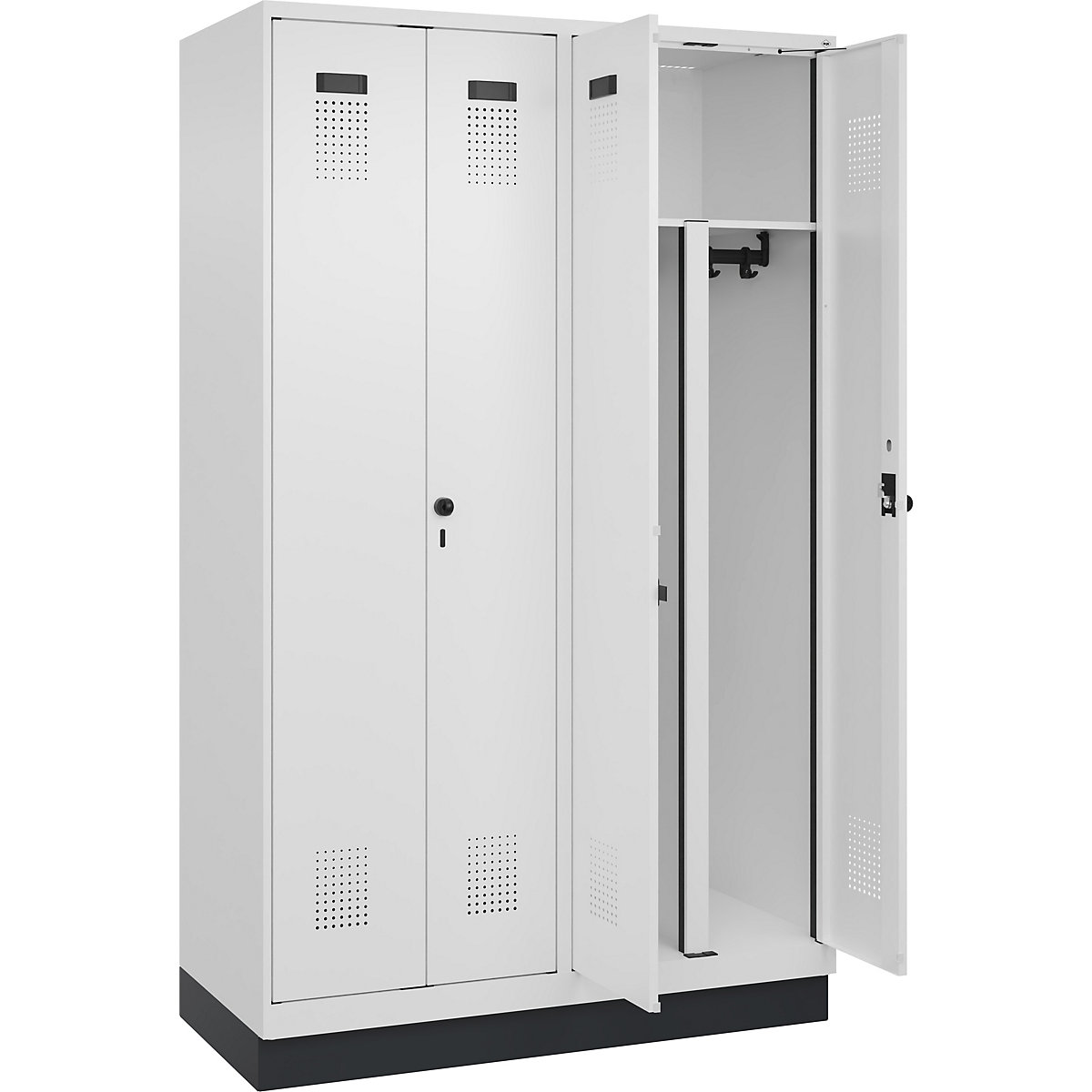 Cacifo com separação de roupa suja/limpa Evolo PLUS, 2 compartimentos, divisória encurtada, branco, L 1200 mm, com rodapé, trinco de segurança rotativo-0