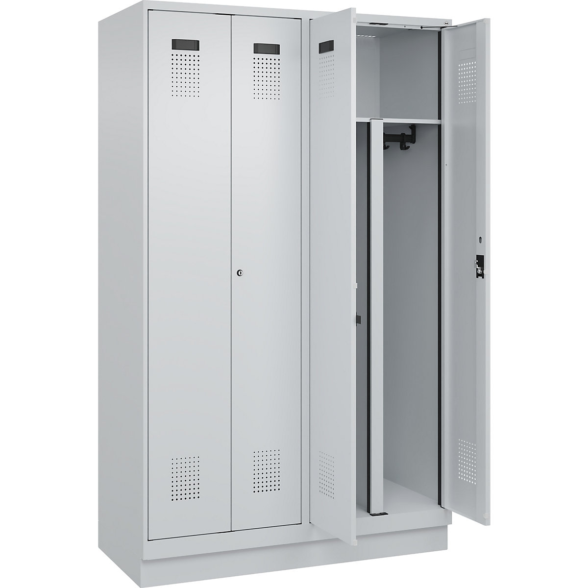 Cacifo com separação de roupa suja/limpa Evolo PLUS, 2 compartimentos, divisória encurtada, cinzento claro, L 1200 mm, com rodapé, fechadura de cilindro-0
