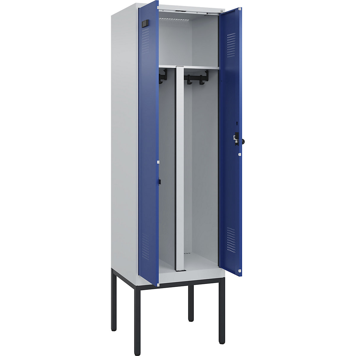 Cacifo com separação de roupa suja/limpa Evolo PLUS, 1 compartimento, divisória encurtada, cinzento claro/azul genciana, L 600 mm, com pés estreitos, trinco de segurança rotativo-0