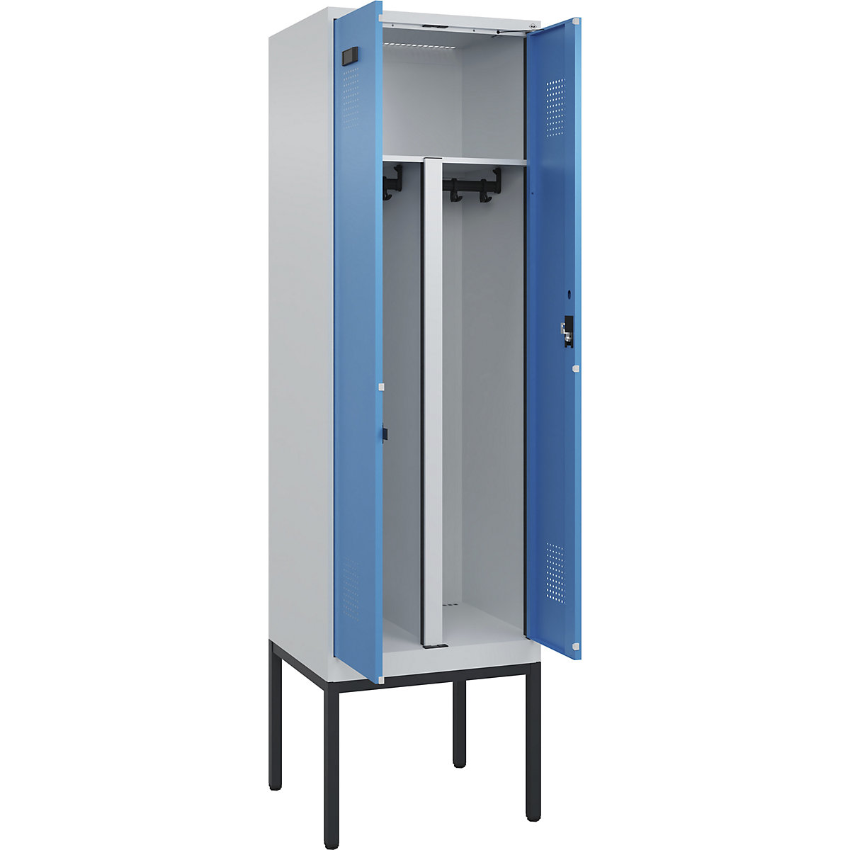 Cacifo com separação de roupa suja/limpa Evolo PLUS, 1 compartimento, divisória encurtada, cinzento claro/azul claro, L 600 mm, com pés estreitos, fechadura de cilindro-0