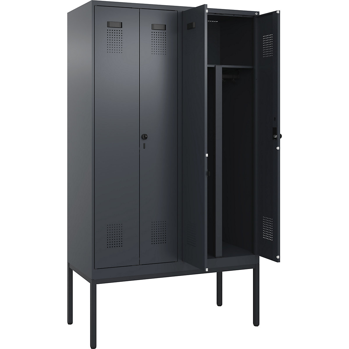 Cacifo com separação de roupa suja/limpa Evolo PLUS, 2 compartimentos, divisória encurtada, cinzento, L 1200 mm, com pés estreitos, trinco de segurança rotativo-0