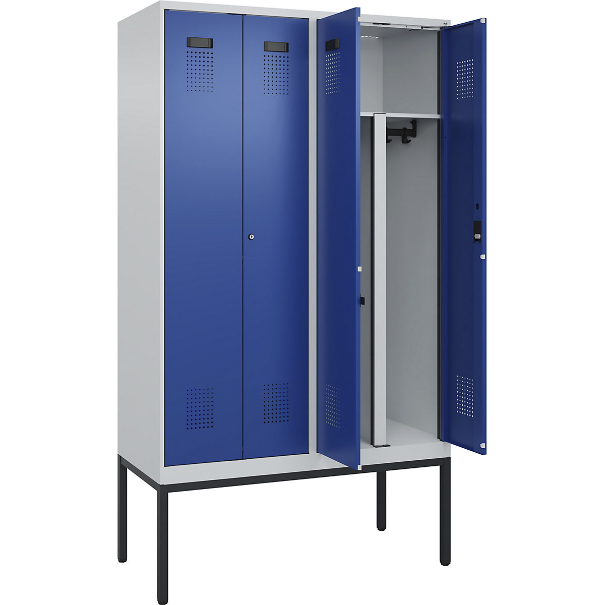 Cacifo com separação de roupa suja/limpa Evolo PLUS, 2 compartimentos, divisória encurtada, cinzento claro/azul genciana, L 1200 mm, com pés estreitos, fechadura de cilindro-0