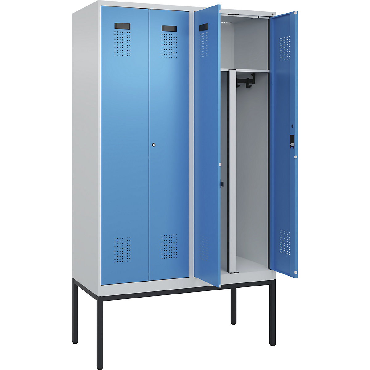 Cacifo com separação de roupa suja/limpa Evolo PLUS, 2 compartimentos, divisória encurtada, cinzento claro/azul claro, L 1200 mm, com pés estreitos, fechadura de cilindro-0