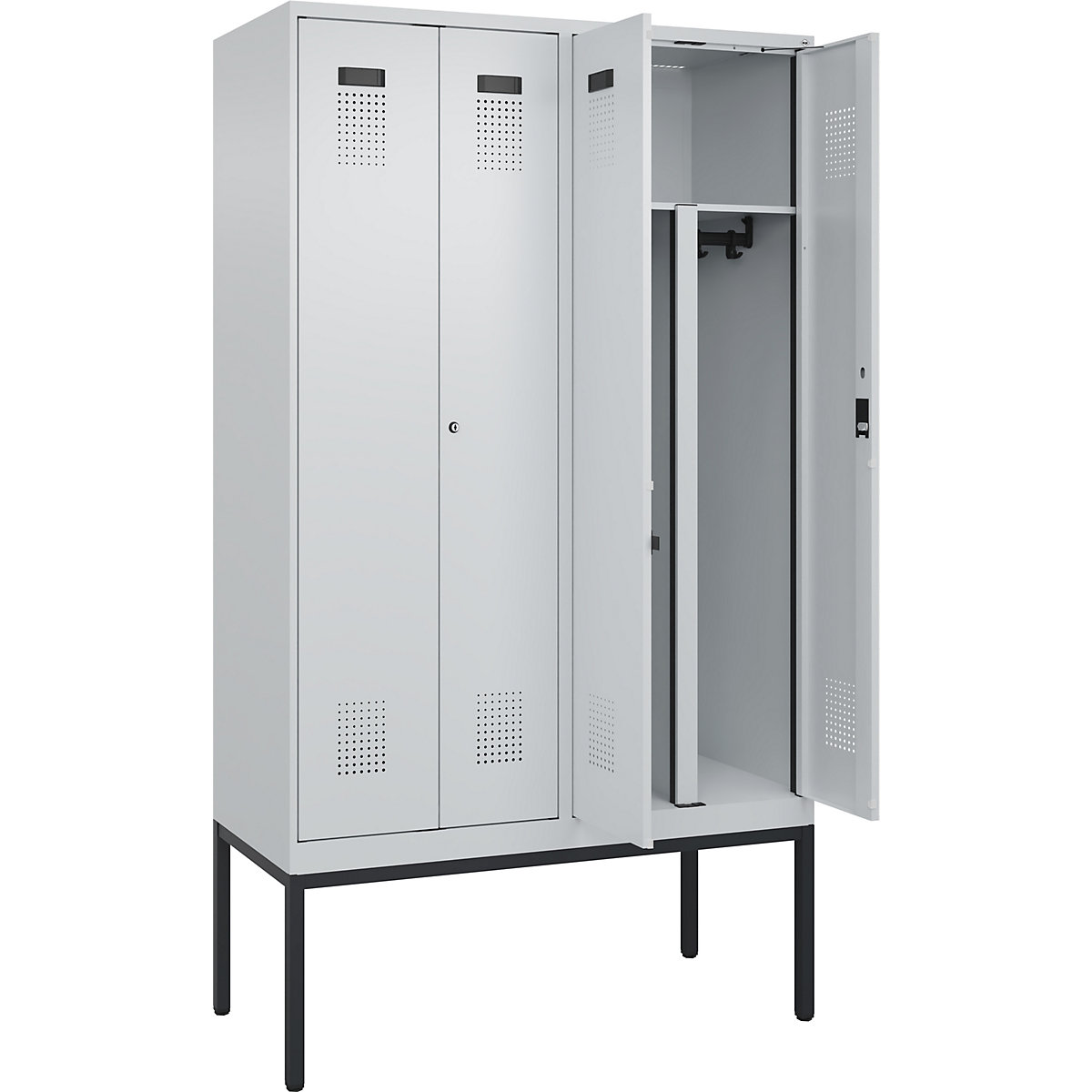 Cacifo com separação de roupa suja/limpa Evolo PLUS, 2 compartimentos, divisória encurtada, cinzento claro, L 1200 mm, com pés estreitos, fechadura de cilindro-0