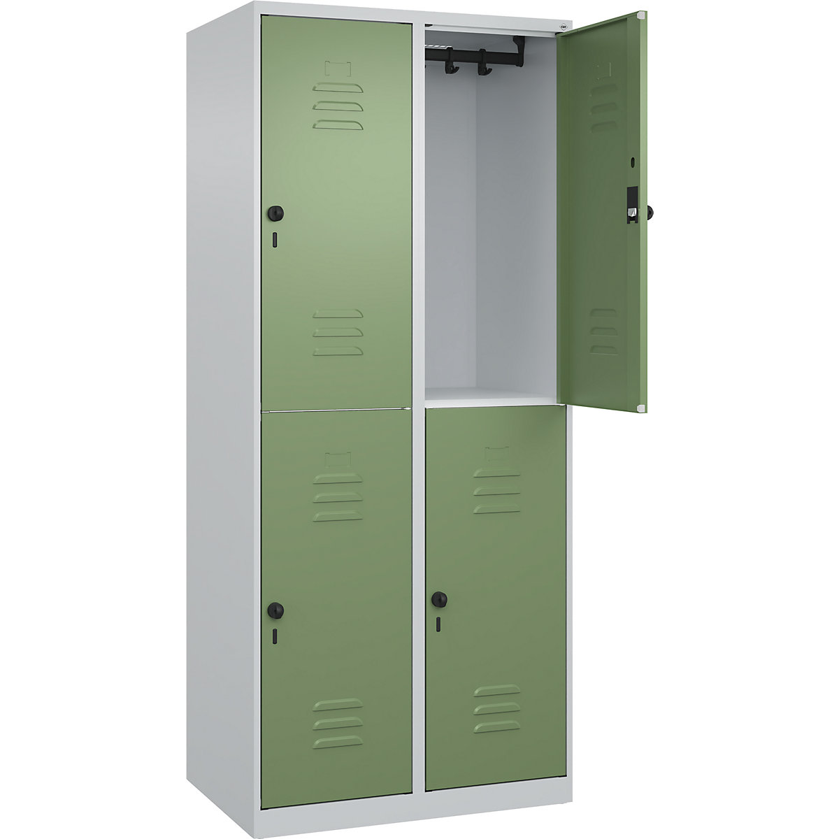 Cacifo de dois andares Classic PLUS – C+P, 2 compartimentos, cinzento claro/verde reseda, AxL 1850 x 800 mm, com sapatas, trinco rotativo-0