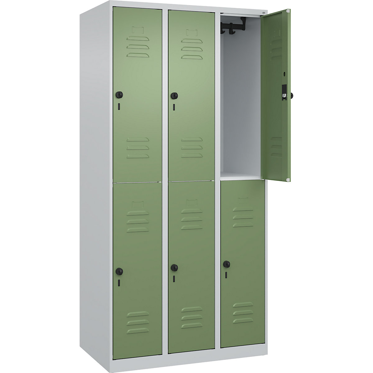 Cacifo de dois andares Classic PLUS – C+P, 3 compartimentos, cinzento claro/verde reseda, AxL 1850 x 900 mm, com sapatas, trinco rotativo-0