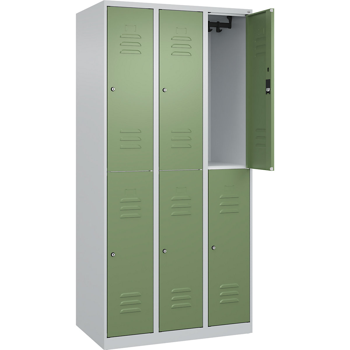 Cacifo de dois andares Classic PLUS – C+P, 3 compartimentos, cinzento claro/verde reseda, AxL 1850 x 900 mm, com sapatas, fechadura de cilindro-0