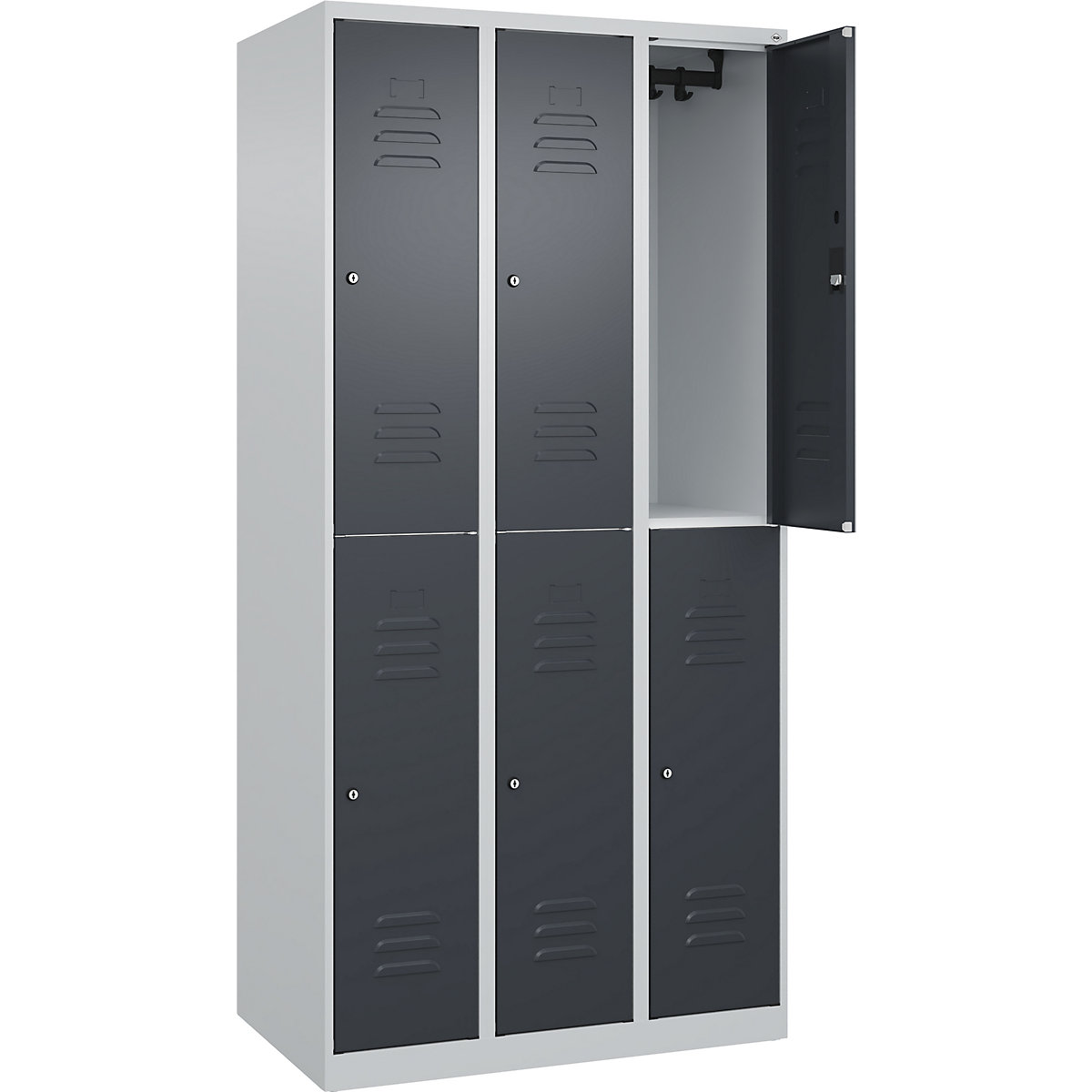 Cacifo de dois andares Classic PLUS – C+P, 3 compartimentos, cinzento claro/cinzento, AxL 1850 x 900 mm, com sapatas, fechadura de cilindro-0