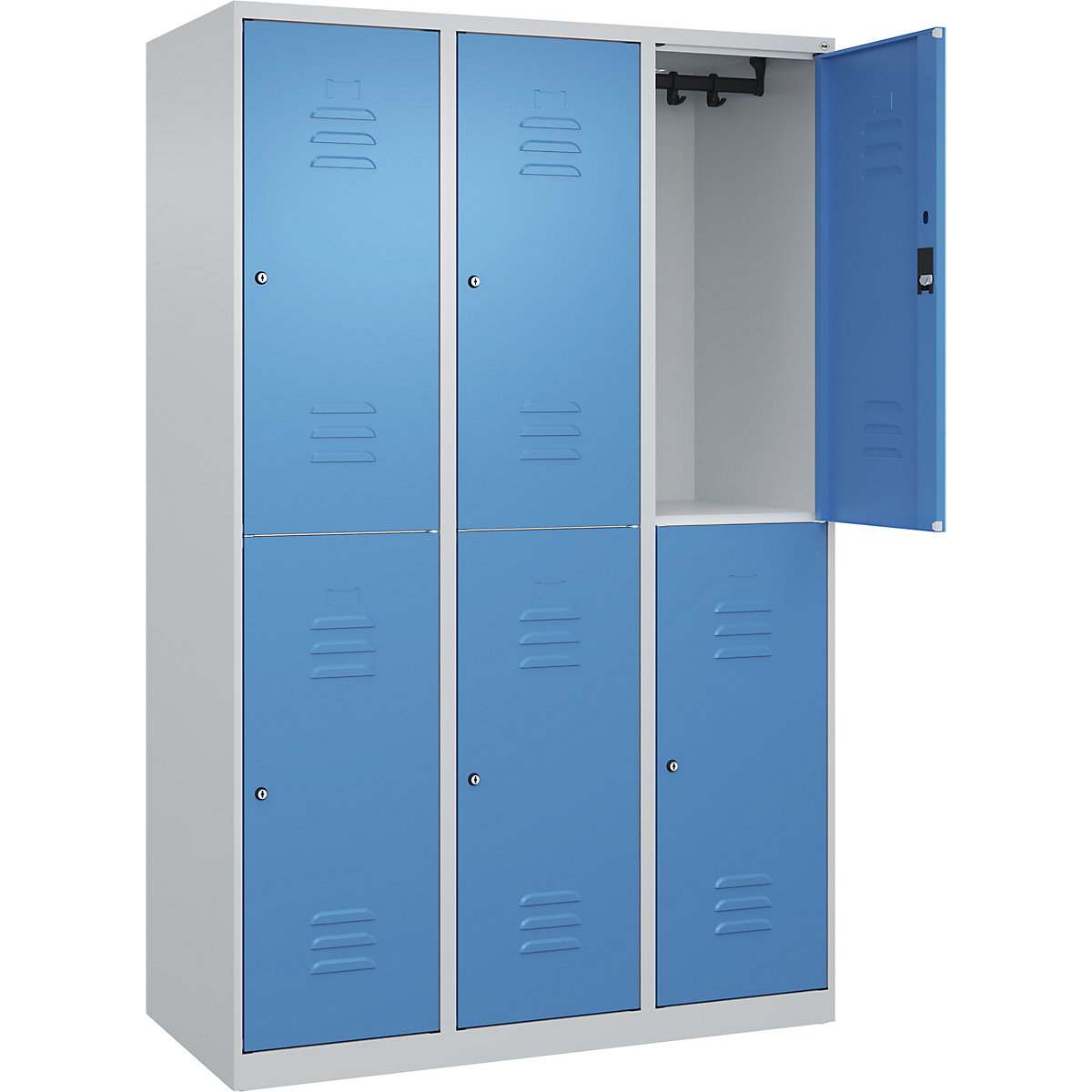 Cacifo de dois andares Classic PLUS – C+P, 3 compartimentos, cinzento claro/azul claro, AxL 1850 x 1200 mm, com sapatas, fechadura de cilindro-0