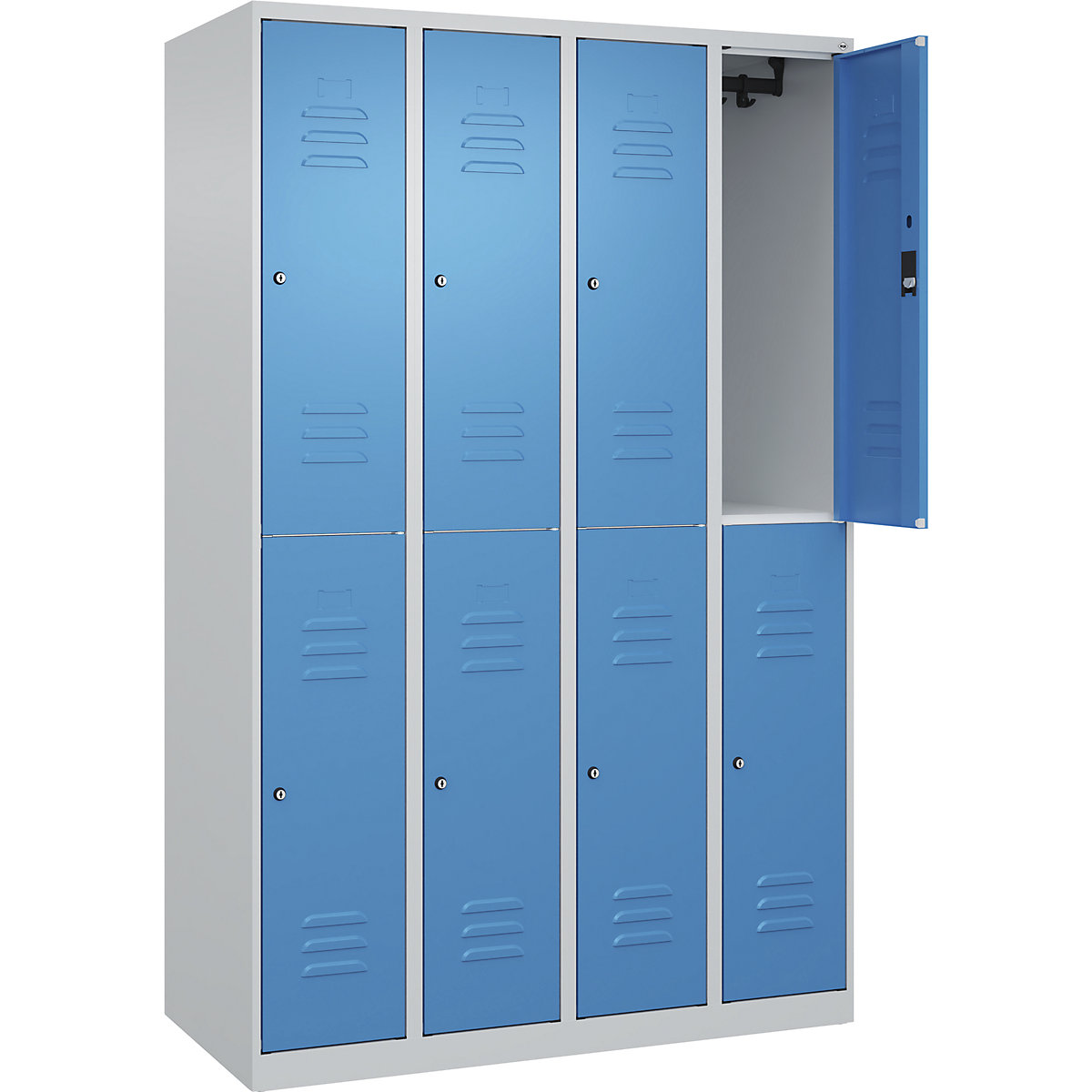 Cacifo de dois andares Classic PLUS – C+P, 4 compartimentos, cinzento claro/azul claro, AxL 1850 x 1200 mm, com sapatas, fechadura de cilindro-0