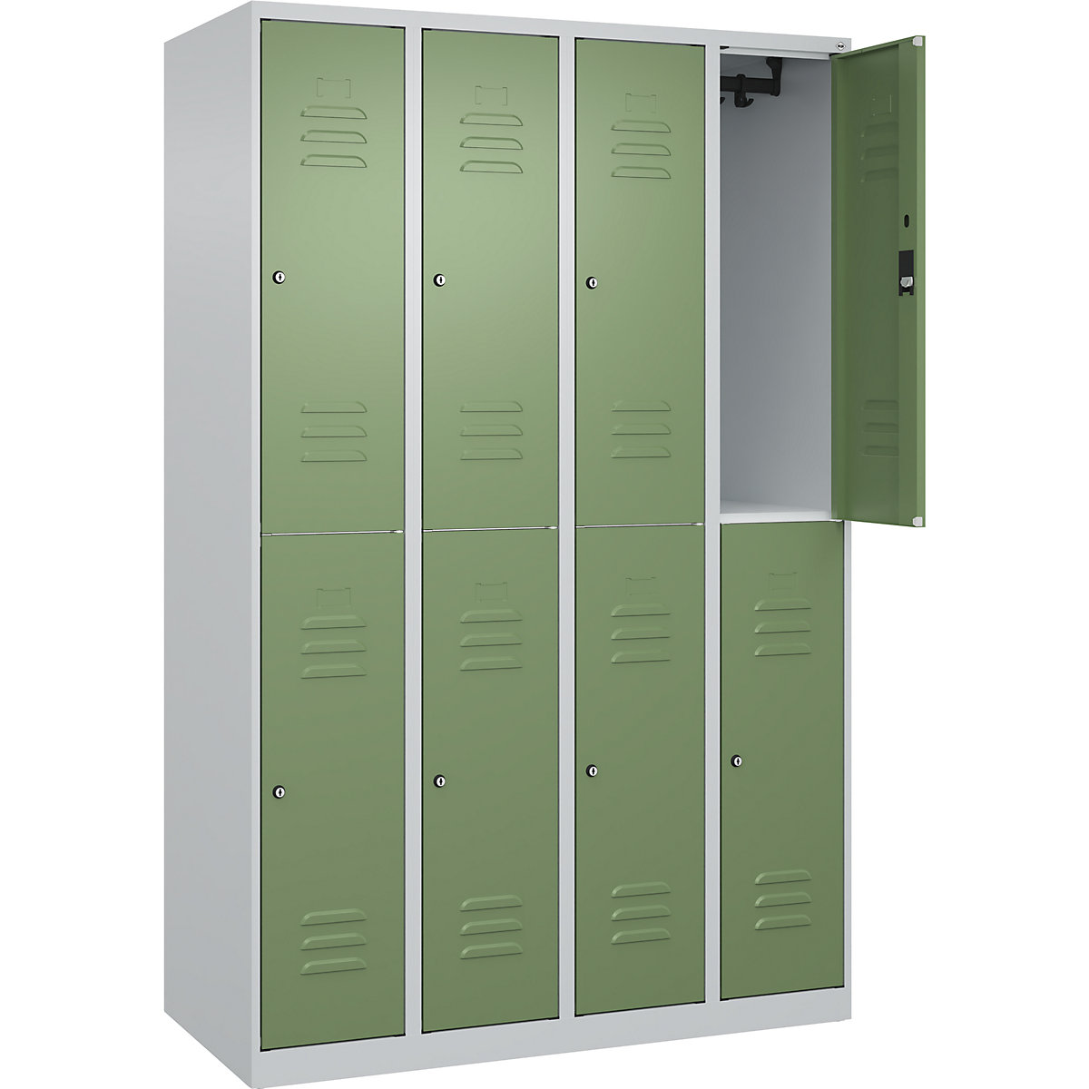 Cacifo de dois andares Classic PLUS – C+P, 4 compartimentos, cinzento claro/verde reseda, AxL 1850 x 1200 mm, com sapatas, fechadura de cilindro-0