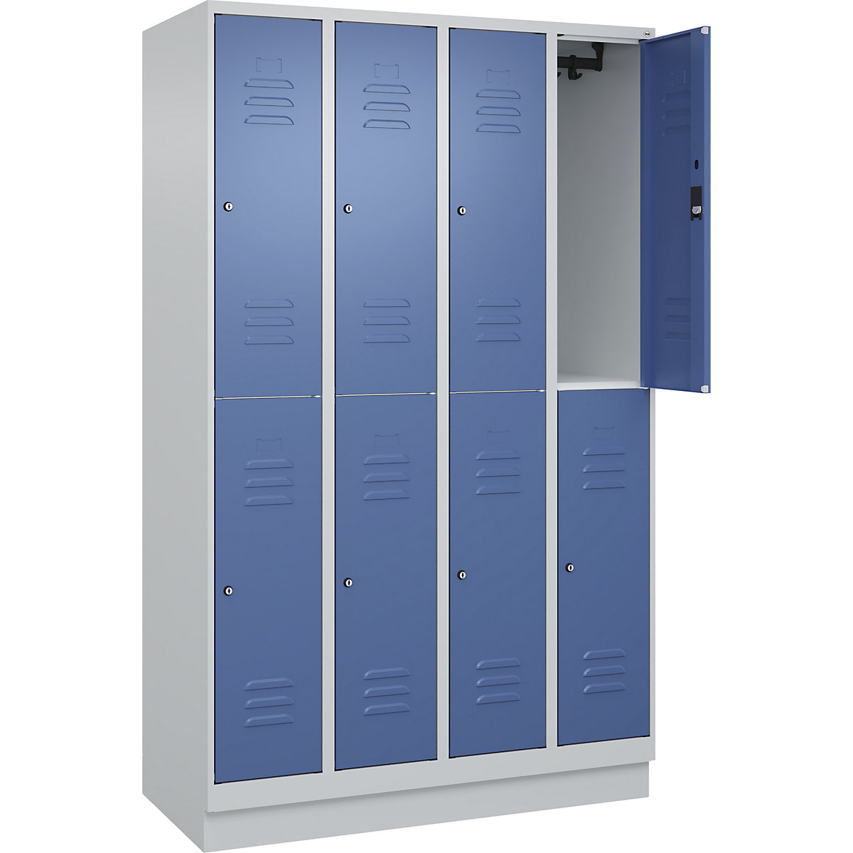 Cacifo de dois andares Classic PLUS – C+P, 4 compartimentos, cinzento claro/azul distante, AxL 1950 x 1200 mm, com rodapé, fechadura de cilindro-0