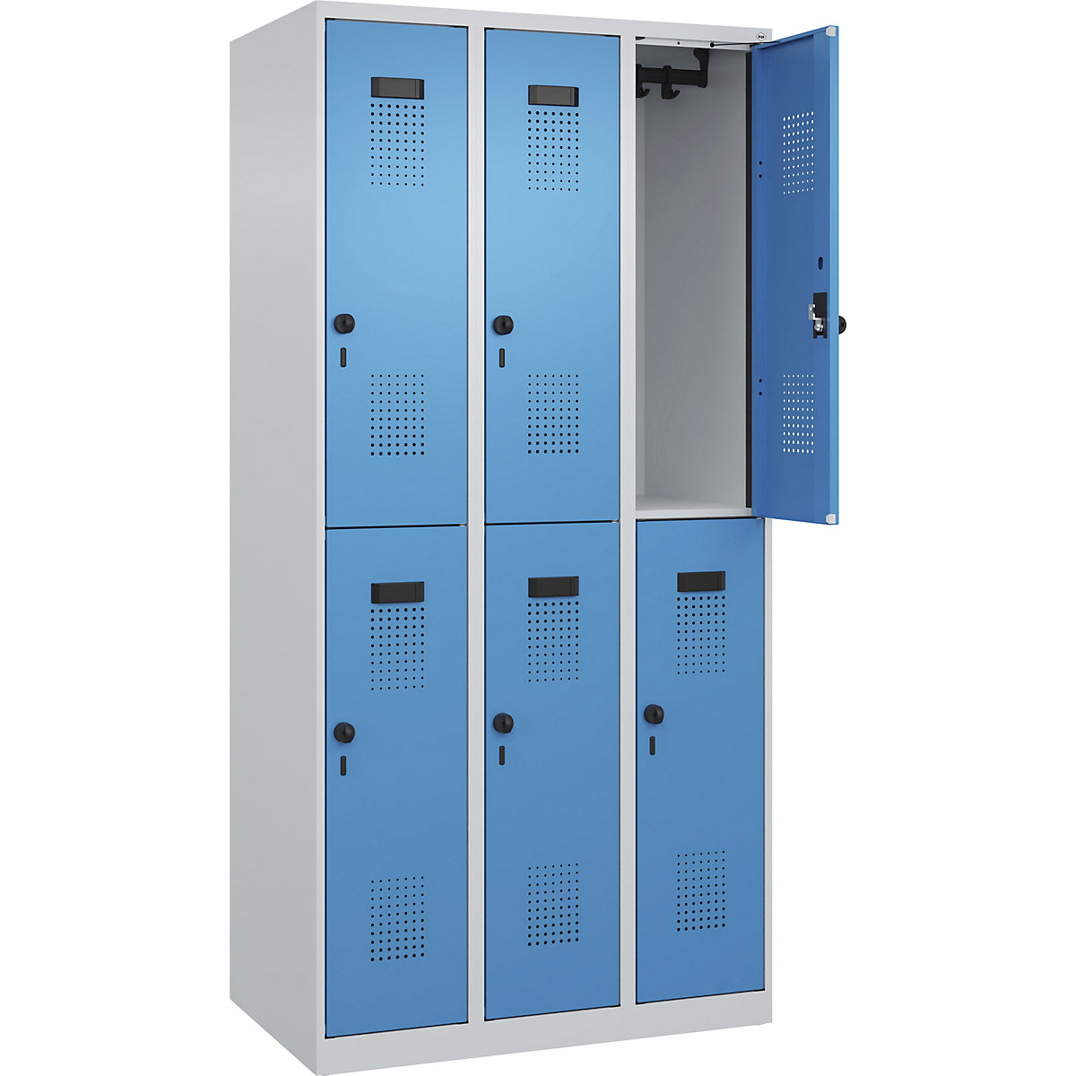 Cacifo de dois andares Evolo PLUS – C+P, 3 compartimentos, cinzento claro/azul claro, L 900 mm, com sapatas, trinco rotativo-0