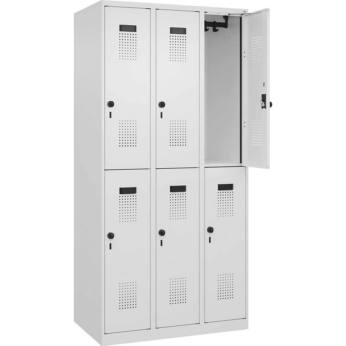 Cacifo de dois andares Evolo PLUS – C+P, 3 compartimentos, branco trânsito, L 900 mm, com sapatas, trinco rotativo-0