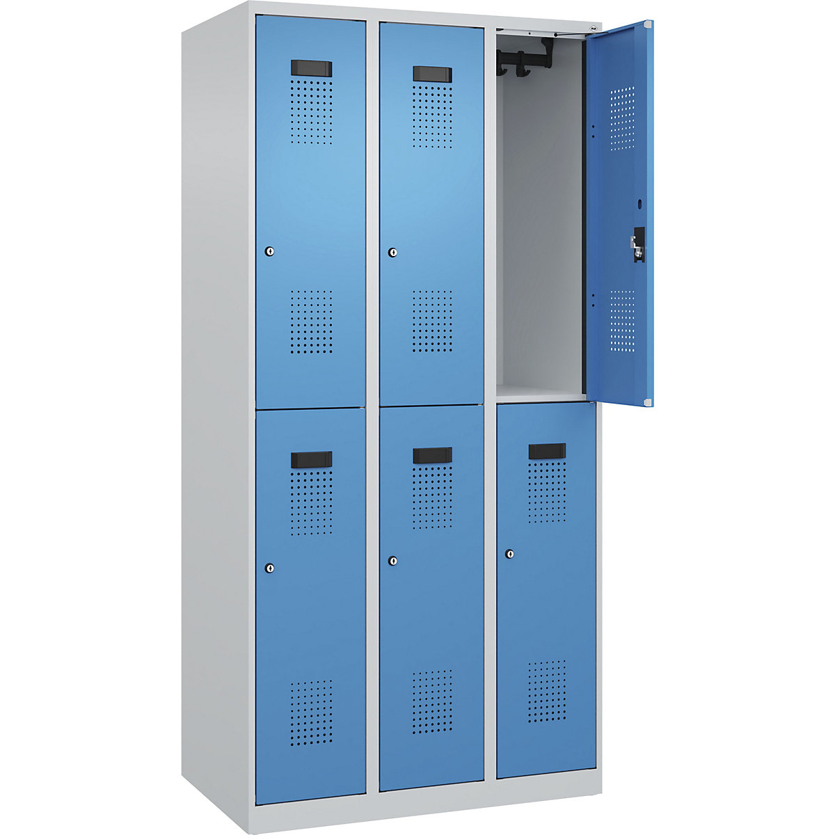 Cacifo de dois andares Evolo PLUS – C+P, 3 compartimentos, cinzento claro/azul claro, L 900 mm, com sapatas, fechadura de cilindro-0