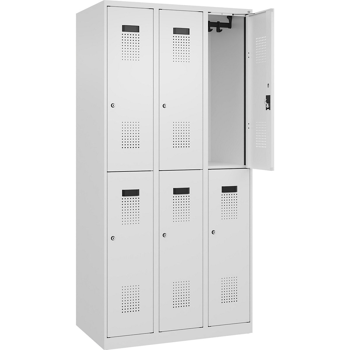 Cacifo de dois andares Evolo PLUS – C+P, 3 compartimentos, branco trânsito, L 900 mm, com sapatas, fechadura de cilindro-0