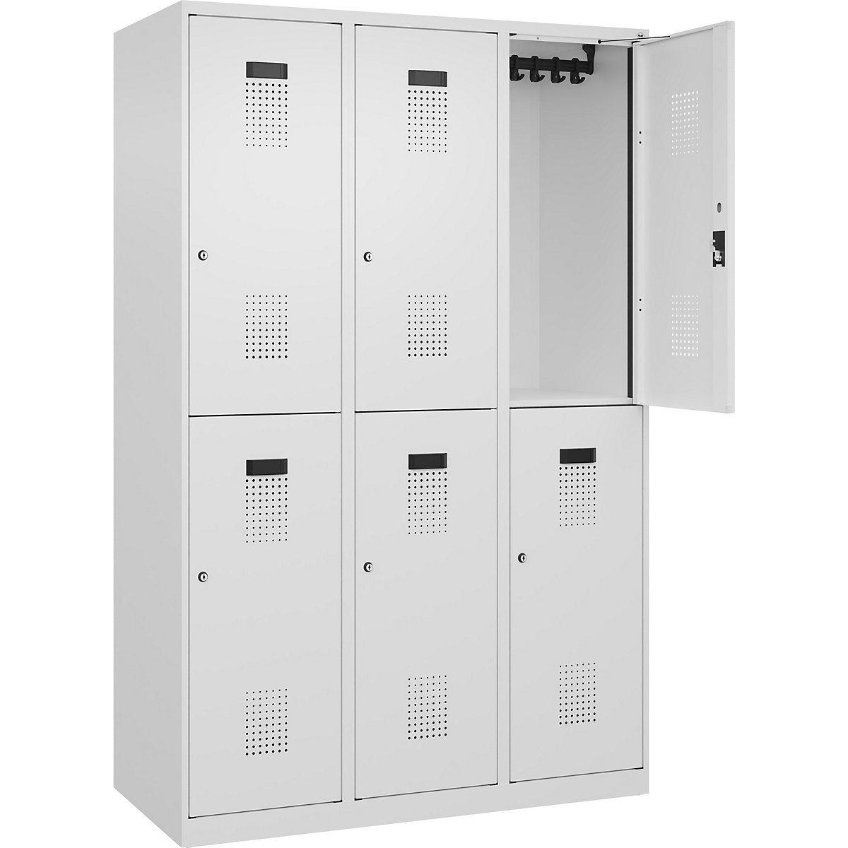 Cacifo de dois andares Evolo PLUS – C+P, 3 compartimentos, branco trânsito, L 1200 mm, com sapatas, fechadura de cilindro-0