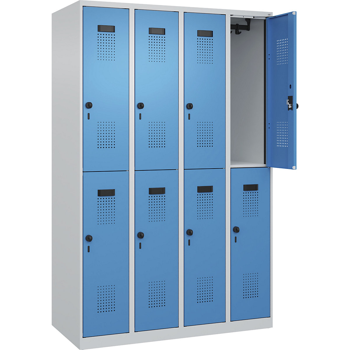 Cacifo de dois andares Evolo PLUS – C+P, 4 compartimentos, cinzento claro/azul claro, L 1200 mm, com sapatas, trinco rotativo-0
