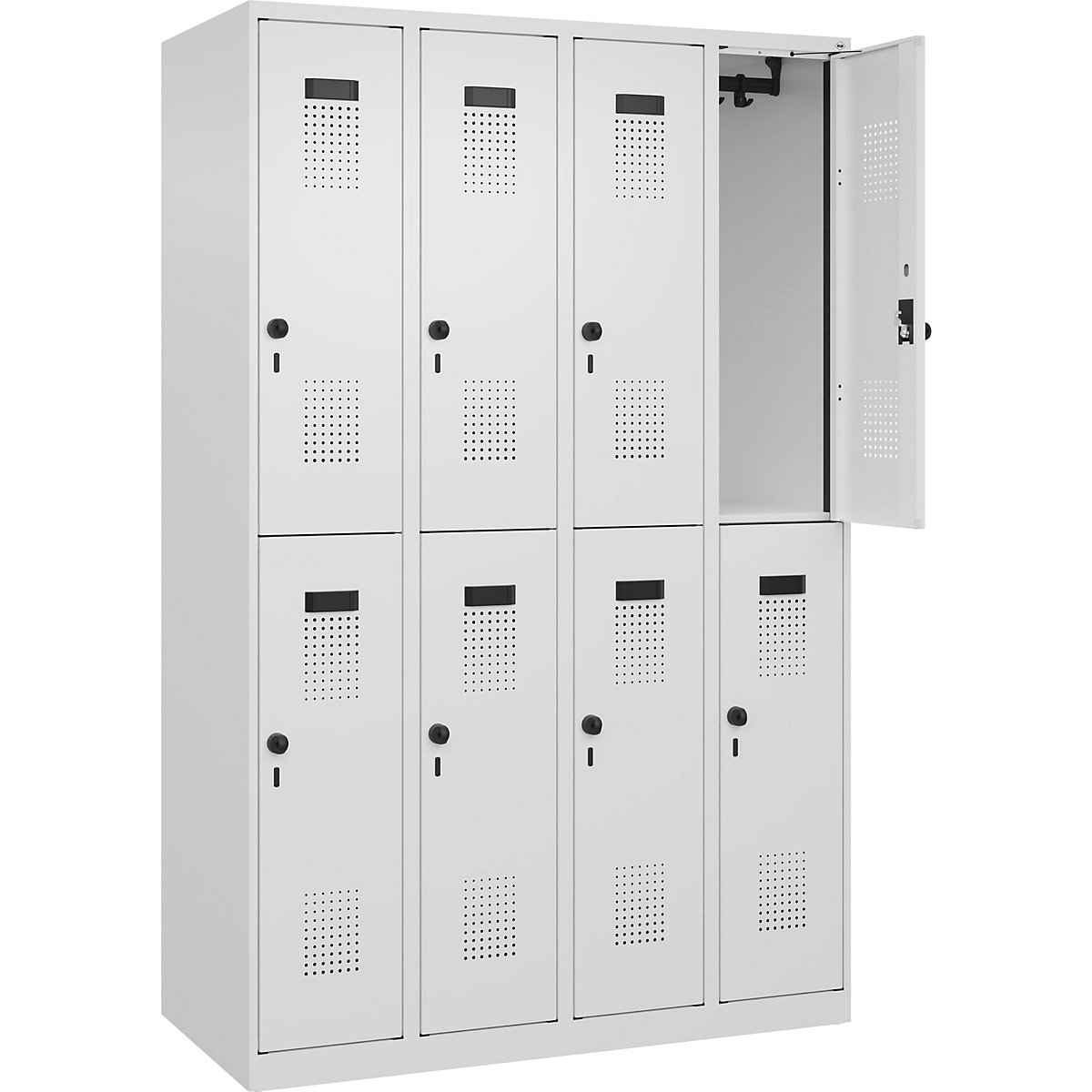 Cacifo de dois andares Evolo PLUS – C+P, 4 compartimentos, branco trânsito, L 1200 mm, com sapatas, trinco rotativo-0