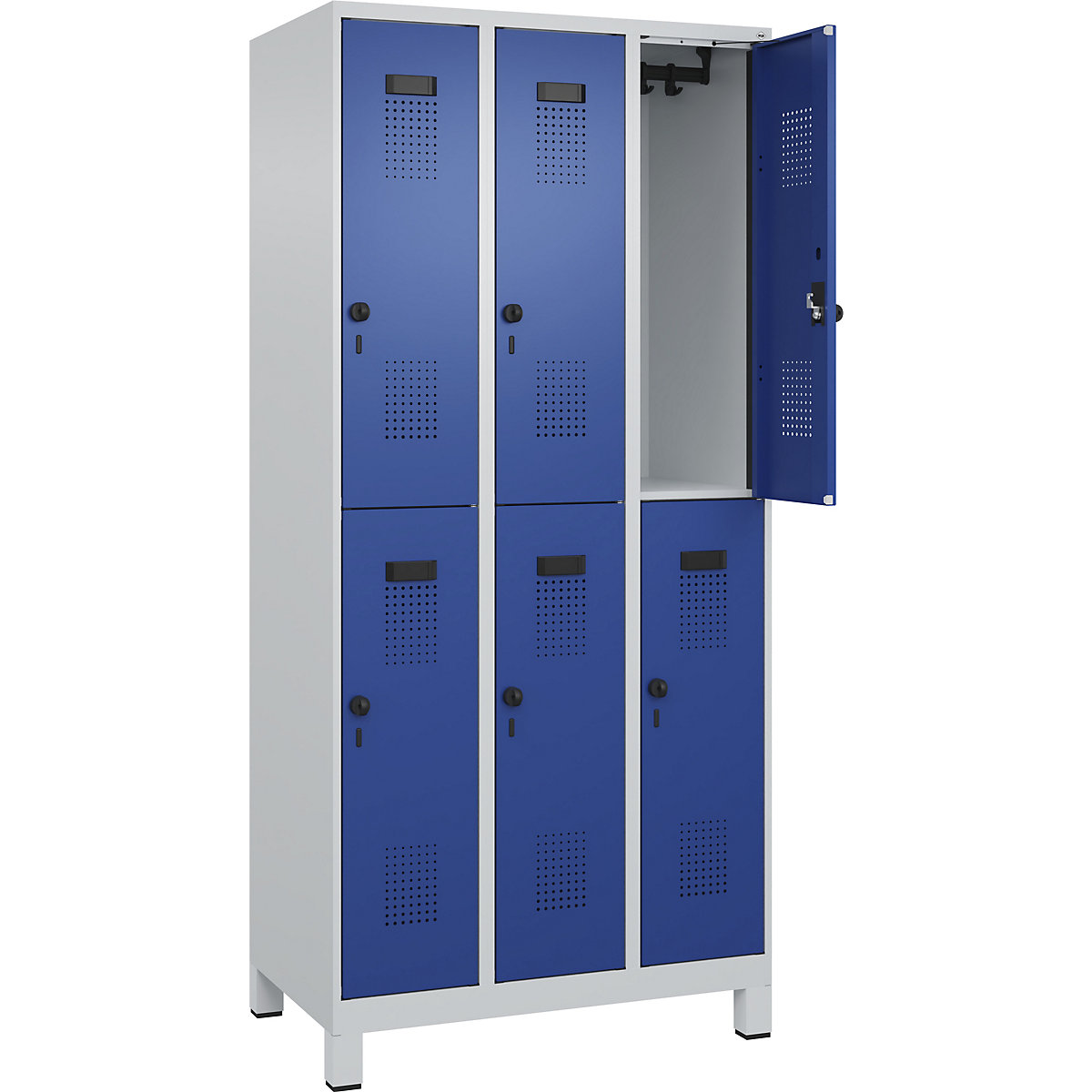 Cacifo de dois andares Evolo PLUS – C+P, 3 compartimentos, cinzento claro/azul genciana, L 900 mm, com pés largos, trinco rotativo-0