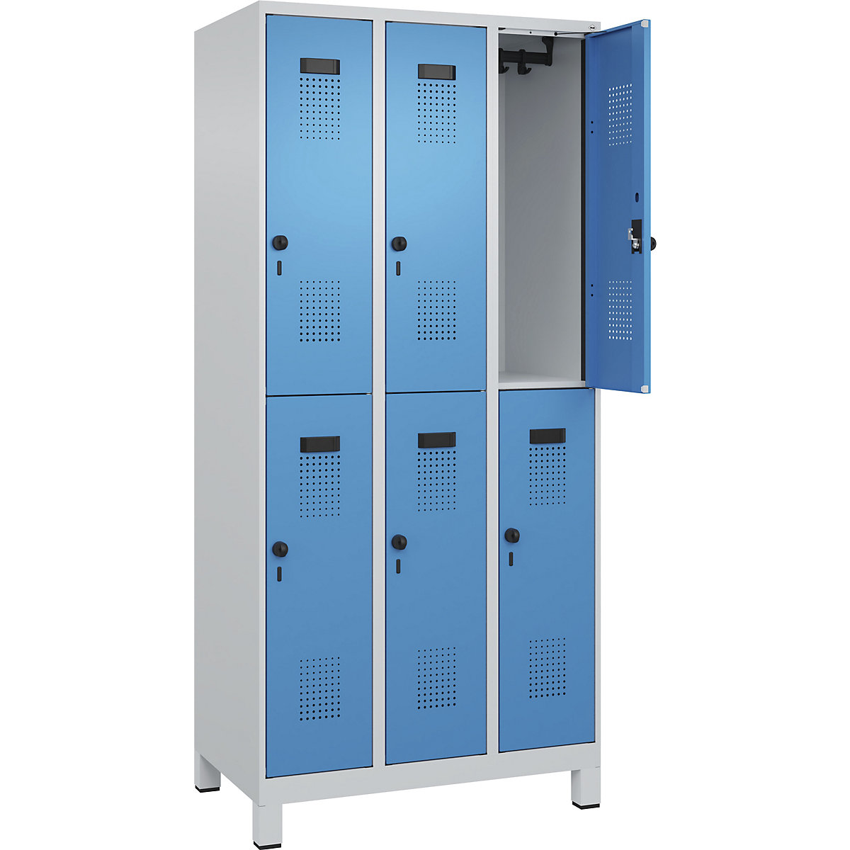 Cacifo de dois andares Evolo PLUS – C+P, 3 compartimentos, cinzento claro/azul claro, L 900 mm, com pés largos, trinco rotativo-0